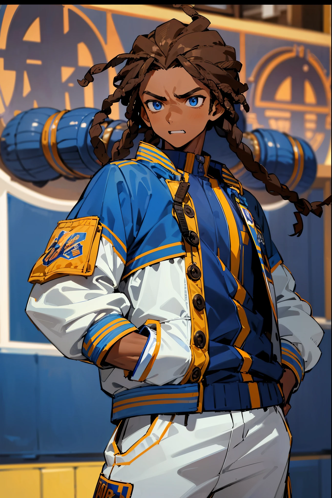 1male, dark skin, brown hair, (dreads), blue eyes, muscular, teenager, black undershirt, basketball court, detailed background, ((blue and white clothing)), yellow accented clothing, hands in pockets, (((letterman jacket))), maniacal expression, angered