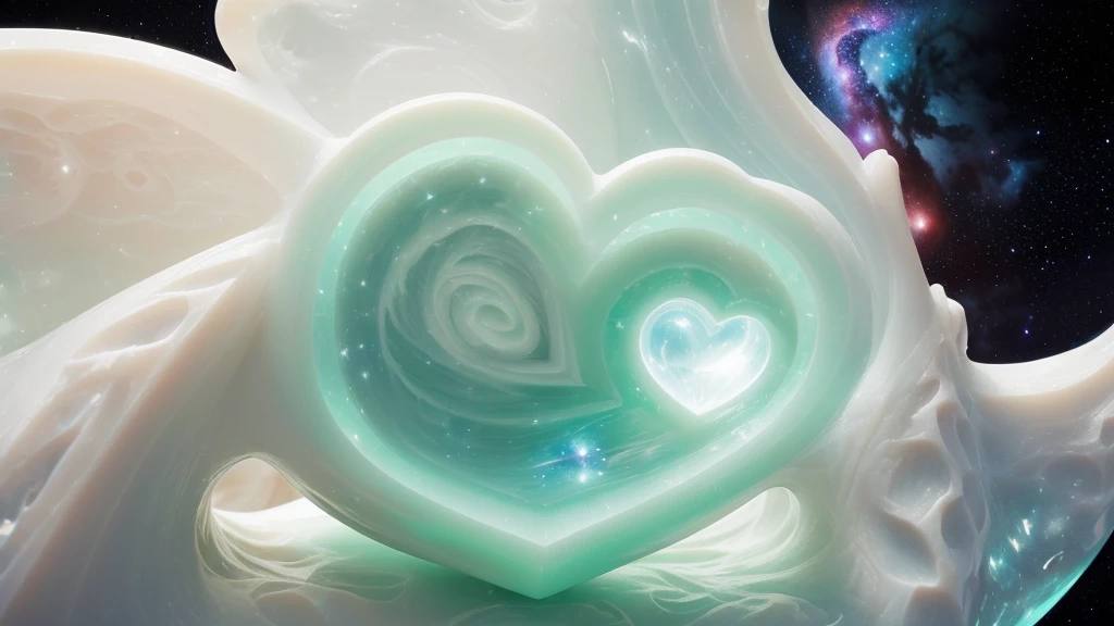 ((Light bluish white tone,Close-up of correctly anatomy white jade hand carving,Holding a transparent heart with nebula and galaxy inside,emit intense light)),The Tyndall effect, ethereal light, ((magical atmosphere + masterpiece, magical environment,best quality,32k,Extremely complex and exquisite details))