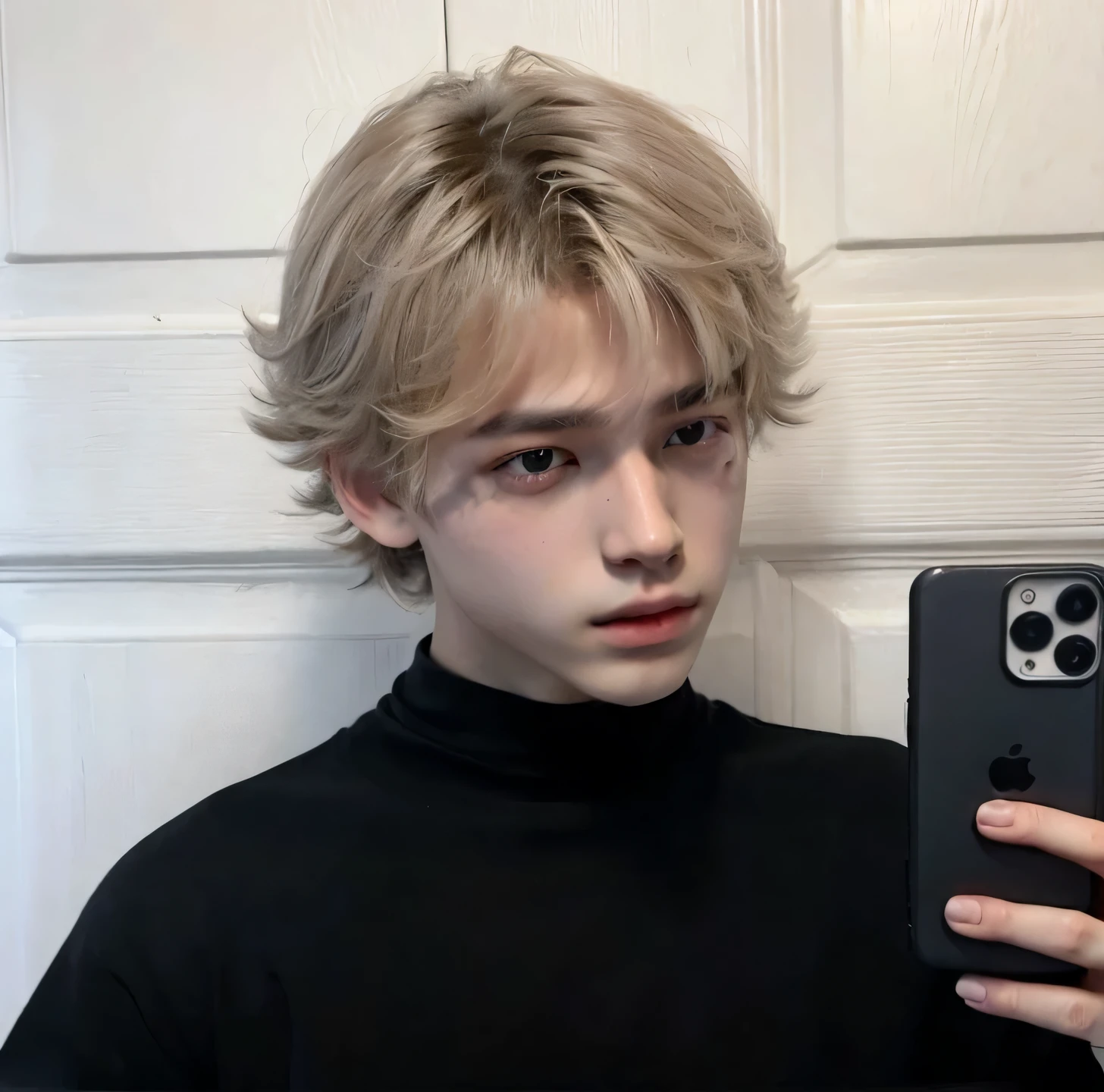 loiro com camisa preta segurando um celular na frente de uma porta, delicate androgynous prince, handsome androgynous prince, 1 7 - year - old menino magro, com cabelo curto, pele clara cabelo loiro cacheado, com o mesmo penteado, rosto perfeito e garoto, menino rosto, corte de cabelo cacheado com parte do meio, Ulzzang inteligente, androgynous man