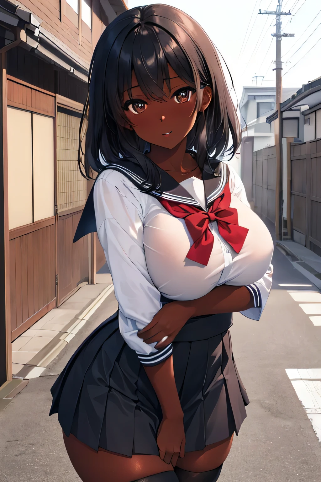 (Qualidade 8k Ultra HD, Melhor qualidade, acima, alta qualidade, luz perfeita, absurdo, ultra detalhado: 1.21, mulher, sozinho, Dark-skinned mulher, cabelo preto, pele escura, seios grandes, sensual, japanese school costume, retrato, black knee high socks, sensual , patéed lips, olhos escuros, olhando para o espectador, japan street background, seios enormes, pequena amostra, sensual, pele de azeitona, pele escura, segurando seios, Papel de parede, saia curta , sexy high school girl,uniforme de marinheiro.