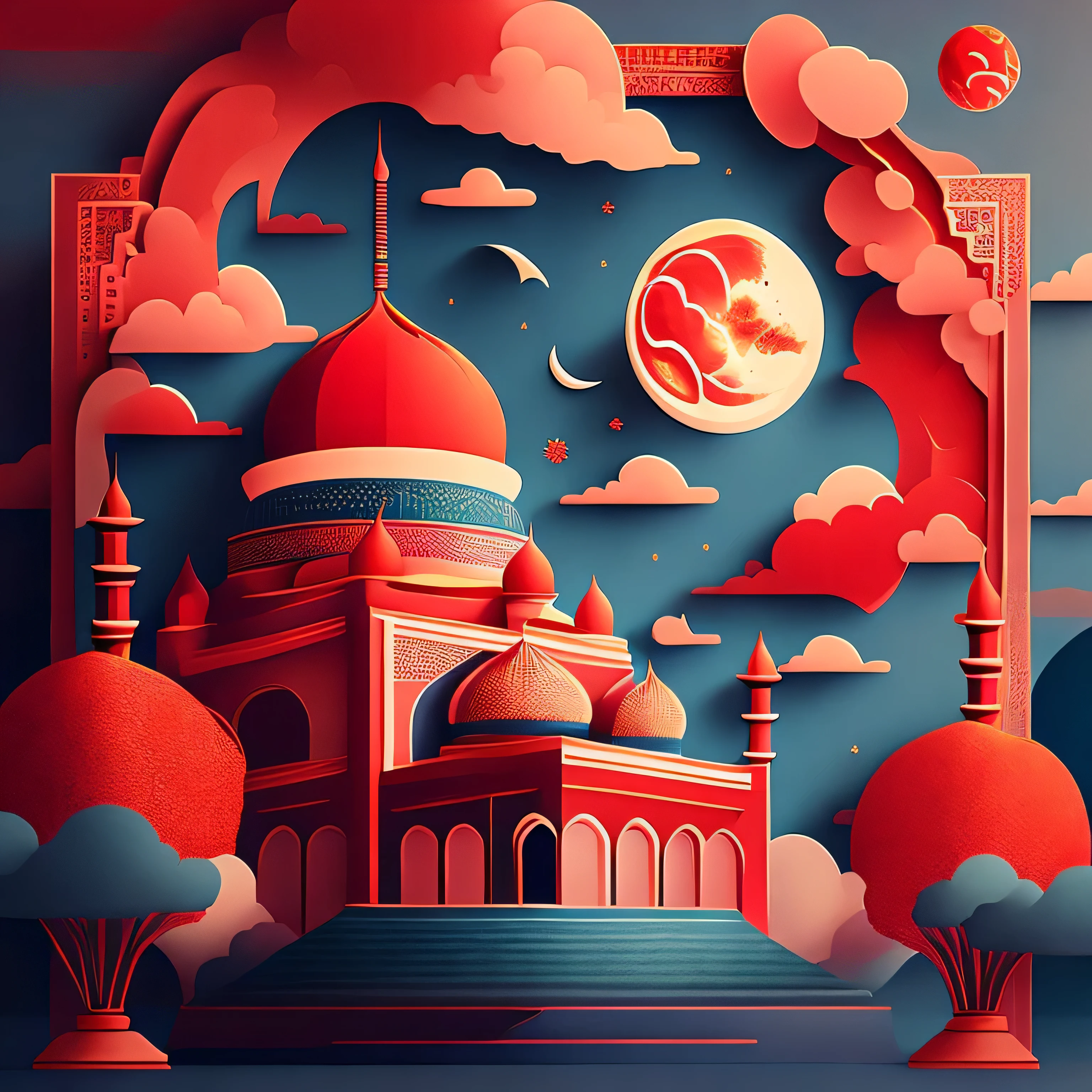 Art commercial illustration，modern mosque, islamic decoration around mosque, Mid-Autumn Festival themed poster。The background  a scene of the moon, The center area of the picture  centered and typeset, Clouds and details decoration，Poster design，vectorial art，Best quality，8K, red tone, wall poster