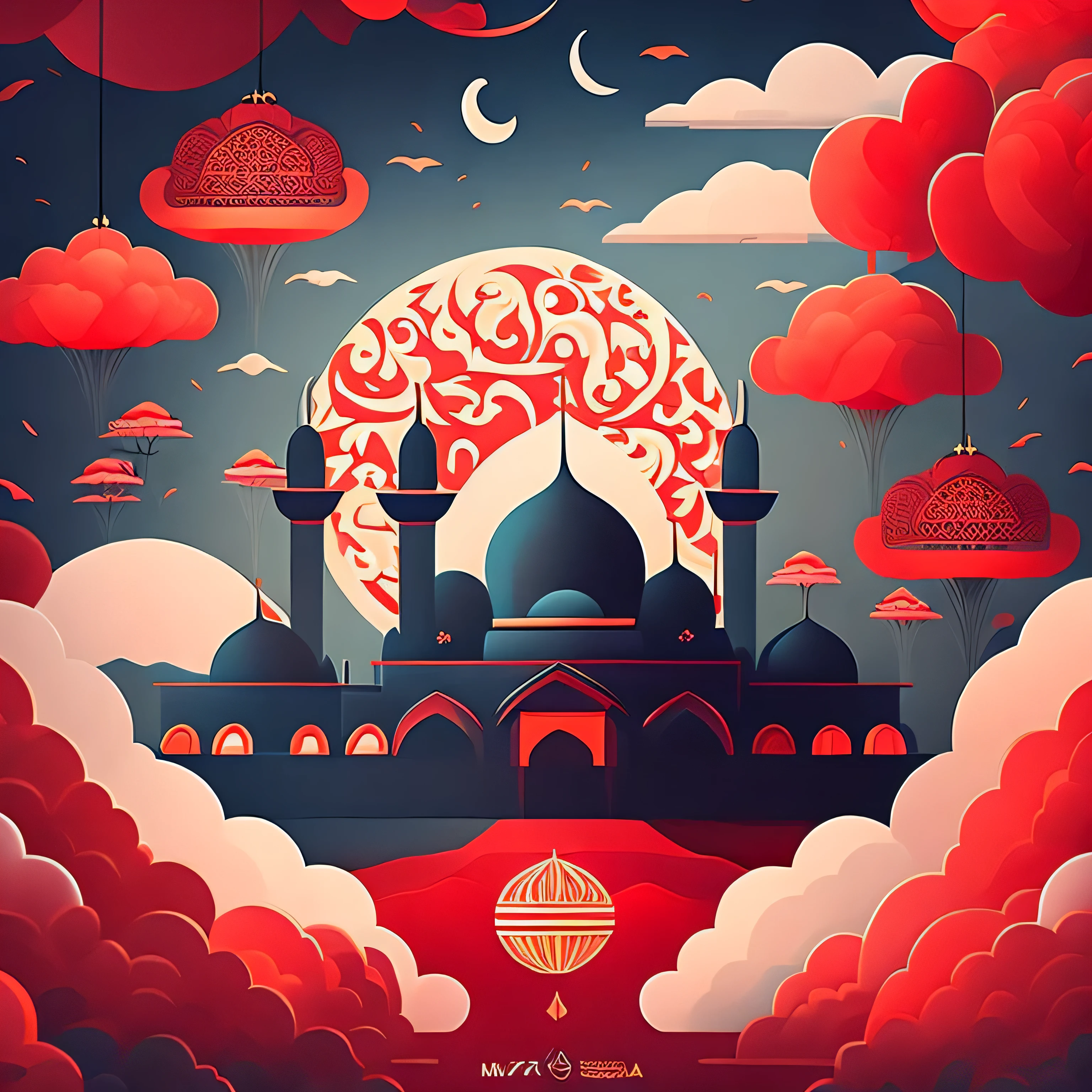 Art commercial illustration,modern mosque, islamic decoration around mosque, Mid-Autumn Festival themed poster。The background a scene of the moon, The center area of the picture centered and typeset, Clouds and details decoration,Poster design,vectorial art,Best quality,8K, red tone, wall poster