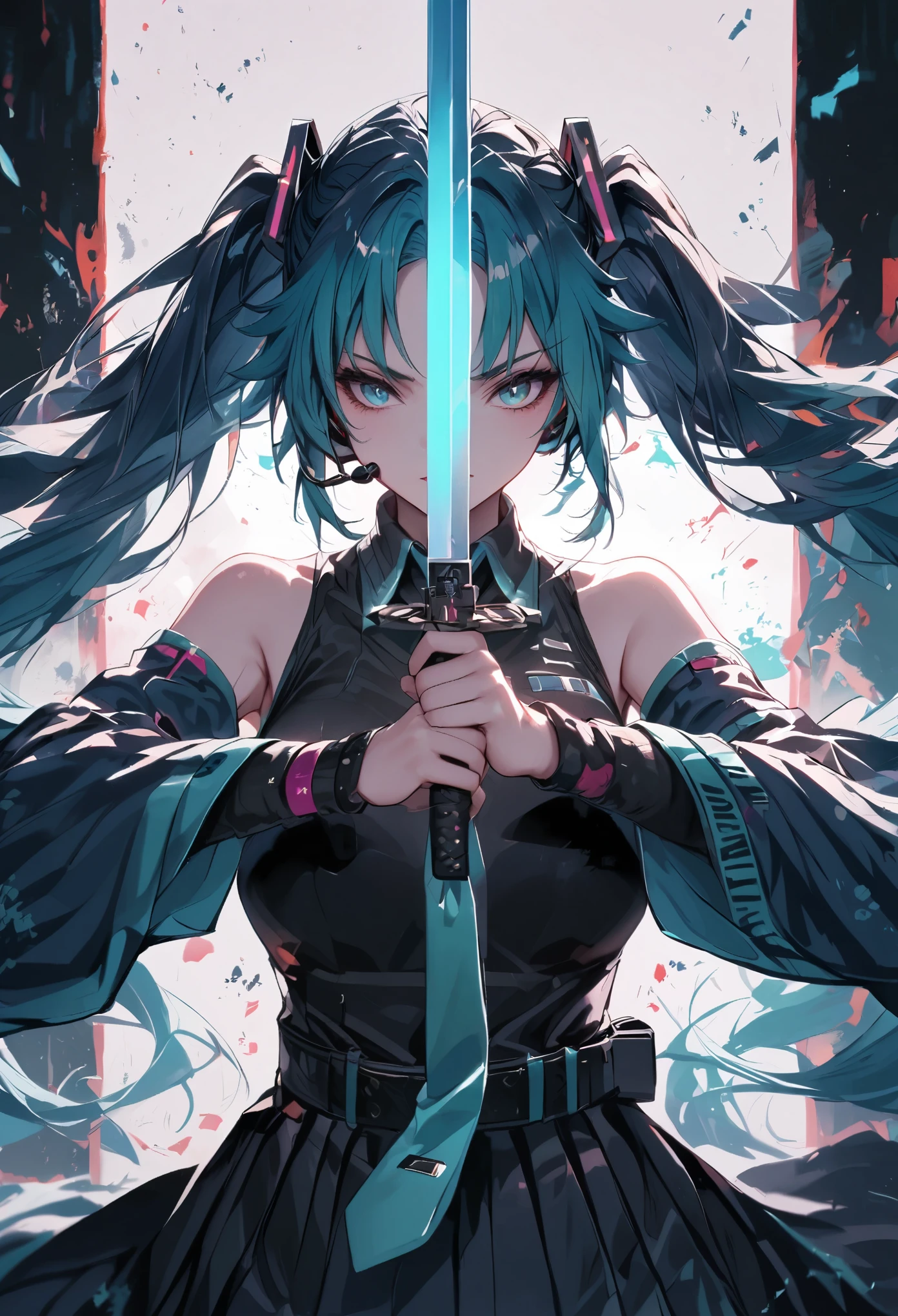 solo, 1girl, hatsune_miku, very long hair, aqua hair, twintails, blunt bangs, aqua eyes, collared shirt, grey shirt, sleeveless shirt, black skirt, pleated skirt, bare shoulders, black sleeves, detached sleeves, wide sleeves, blue nails, aqua necktie, black boots, tie clip, headset,,