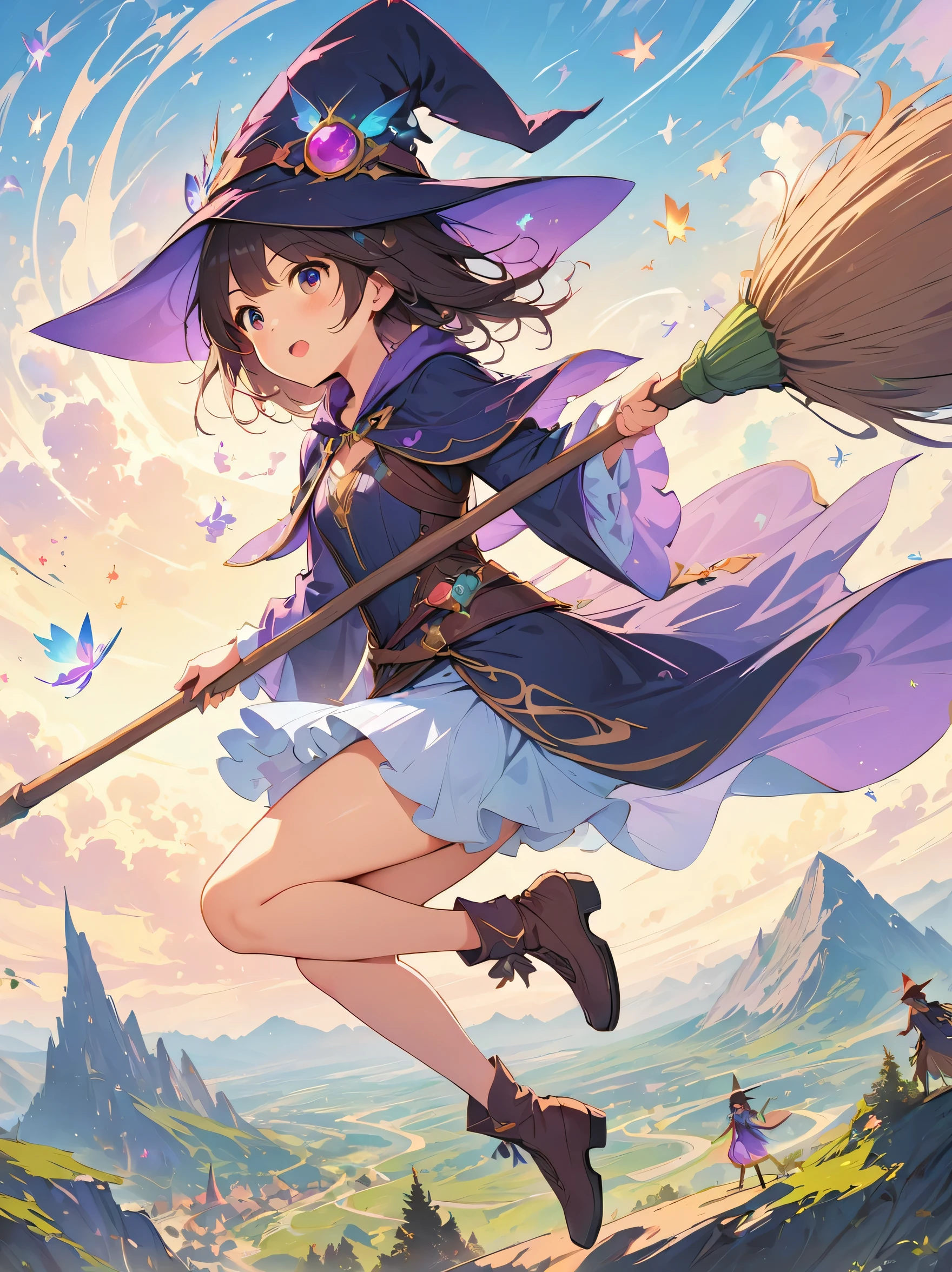 (masterpiece, highest quality:1.2),1 girl,perfect face,cute, ((((flying witch))),((Ride a broom)),broom flight,Straddling the broom,anatomically correct,masterpiece,highest quality,最高masterpiece,8K,,Wind,fantasy,,wonderful,, Mysterious, Charm, Whimsical, playful, adventurous, free, wonder, imagine, decide, skill, speed, movement, energy, realism, naturalistic, figurative, represent, beauty, fantasy culture, myth, fairy tale, folklore, Legend, witch, wizard, Magical creatures, fantasy worlds, composition, scale, Zenikichi, midway point, background, perspective, light, color, texture, become familiar with, beauty, wonder.