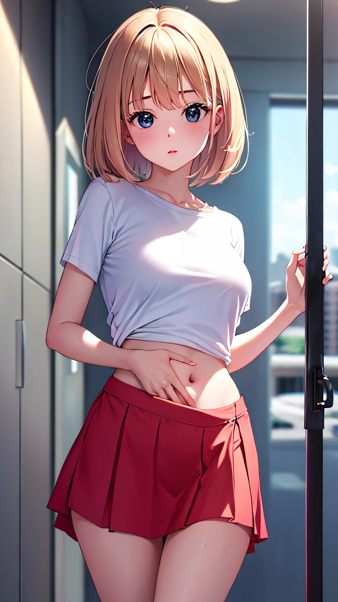 ((masterpiece)), ((best quality)), ((4K)), girl, pinch hemline of shirts, lift hemline of shirts, show glimpse of belly button
