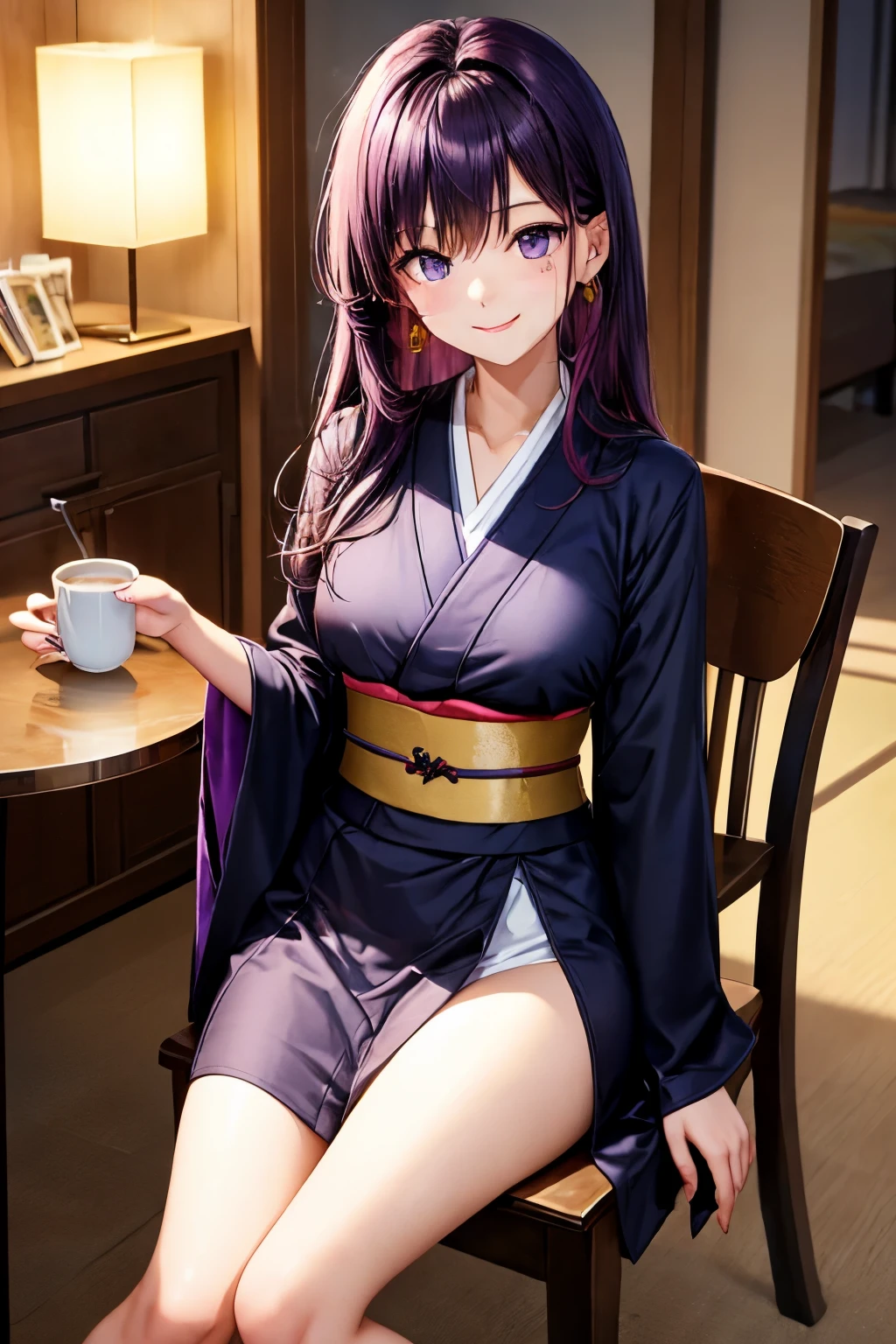 Purple eyes shining with a golden hue , Long dark purple hair in an odango style , A mole below the right eye , Long and slim body , You are sitting on a chair at home at night with dim light , Hold on to the coffee cup , Shy face with a cute smile , You look at the viewer , She wears a long black kimono with a tie at her waist
