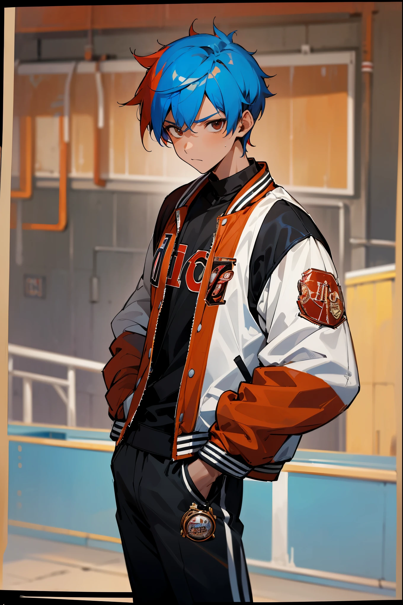 1male, tan skin, (oumbre hair), two tone hair, red and blue hair, red hair, blue hair, black eyes, muscular, teenager, black undershirt, basketball court, detailed background, ((white and black clothing)), yellow accented clothing, hands in pockets, (((letterman jacket))), expressionless