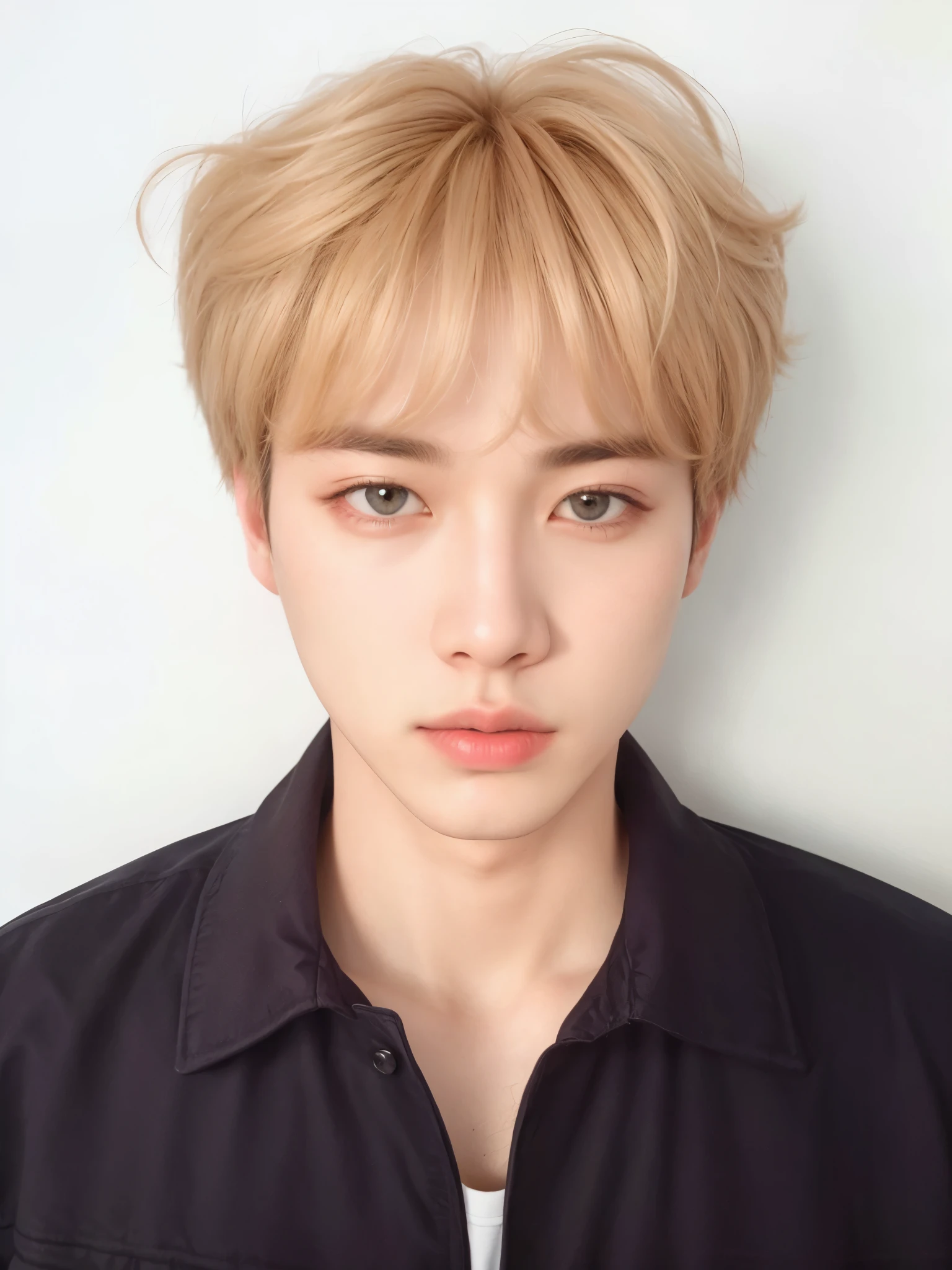 um close de uma pessoa com uma jaqueta e um fundo branco, Kim Doyoung, Jimin, Jimin\the full lips, com cabelo curto, Jimin\the right eyelid is swollen, Jinyoung Shin, accurate Jimin face, park Jimin, hyung tae, cai xukun, Jung Jaehyun, taejune kim, kpop idol portrait, profile picture with headshot