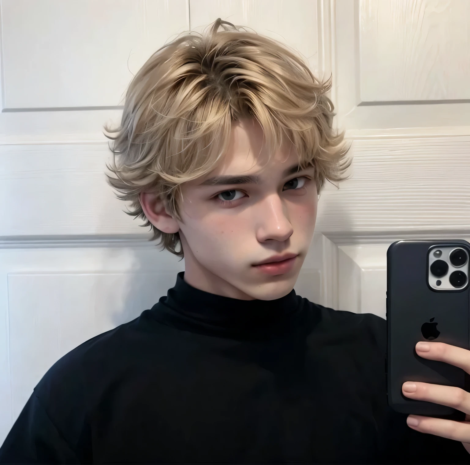menino loiro com camisa preta segurando um celular na frente de uma porta, delicate androgynous prince, handsome androgynous prince, 1 7 - year - old menino rosto magro, com cabelo curto, pele clara cabelo loiro cacheado, com o mesmo penteado, rosto perfeito e garoto, menino rosto magro, corte de cabelo cacheado com parte do meio, Ulzzang inteligente, androgynous man