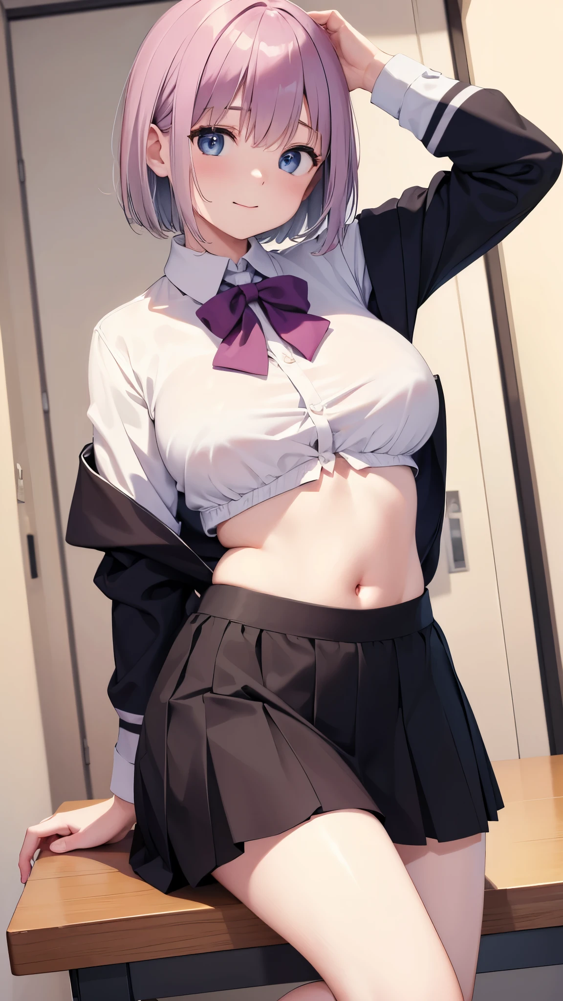 1girl, short hair,(school uniform),(((skirt lift with both hand))), ((white sexy panty)), ((show off panty)), bare thigh, (black stocking:1.2), bottomless, classroom, (night:1.5),