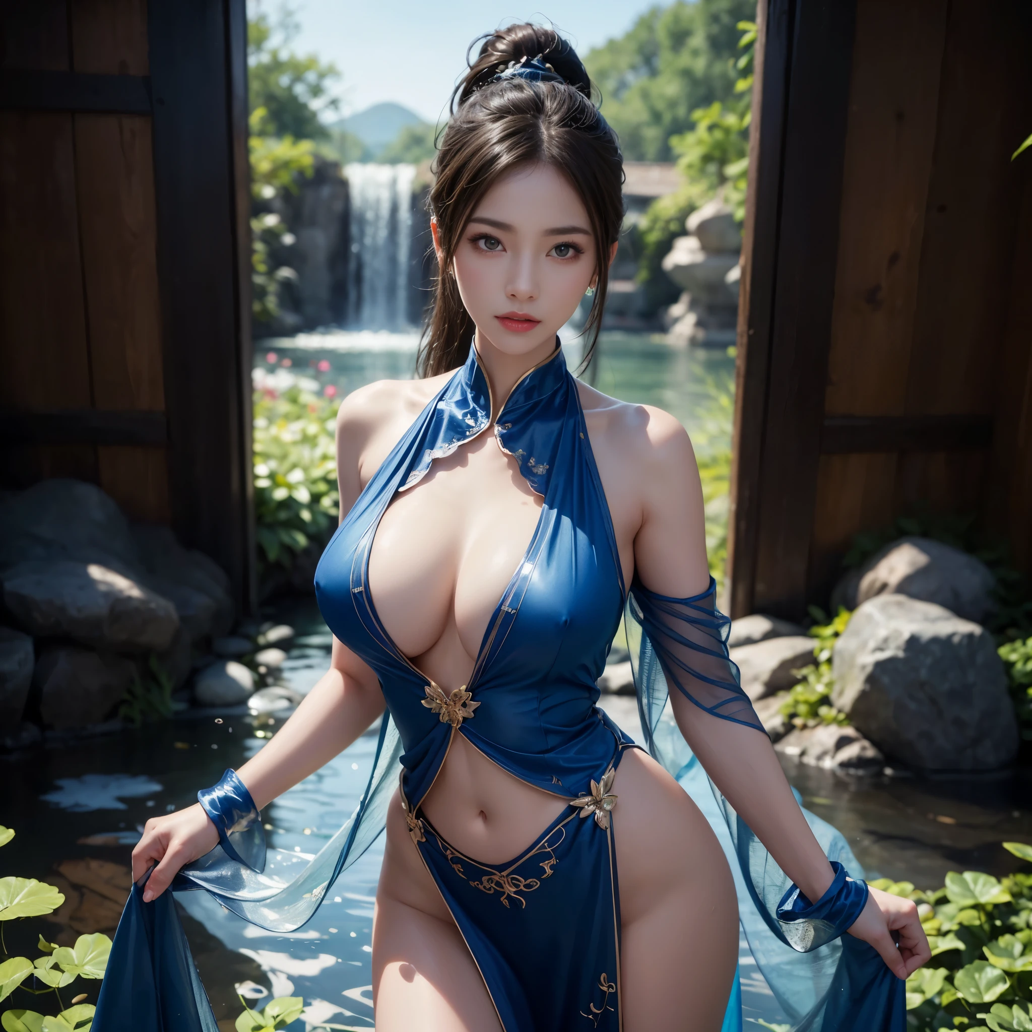 (best quality,8k,highres,masterpiece:1.2),ultra-detailed,realistic:1.37,a girl standing in a magical garden,flowing blue silk skirt flowing like water,the girl looks like a water goddess,wearing revealing and transparent outfit, shot from below with a perspective view of the horizon,(perfect face+supermodel+detailed skin+high ponytail+huge breasts),[[[muscles]]],(((anatomically correct))),photorealistic,watercolor style,vibrant colors,soft and dreamy lighting.