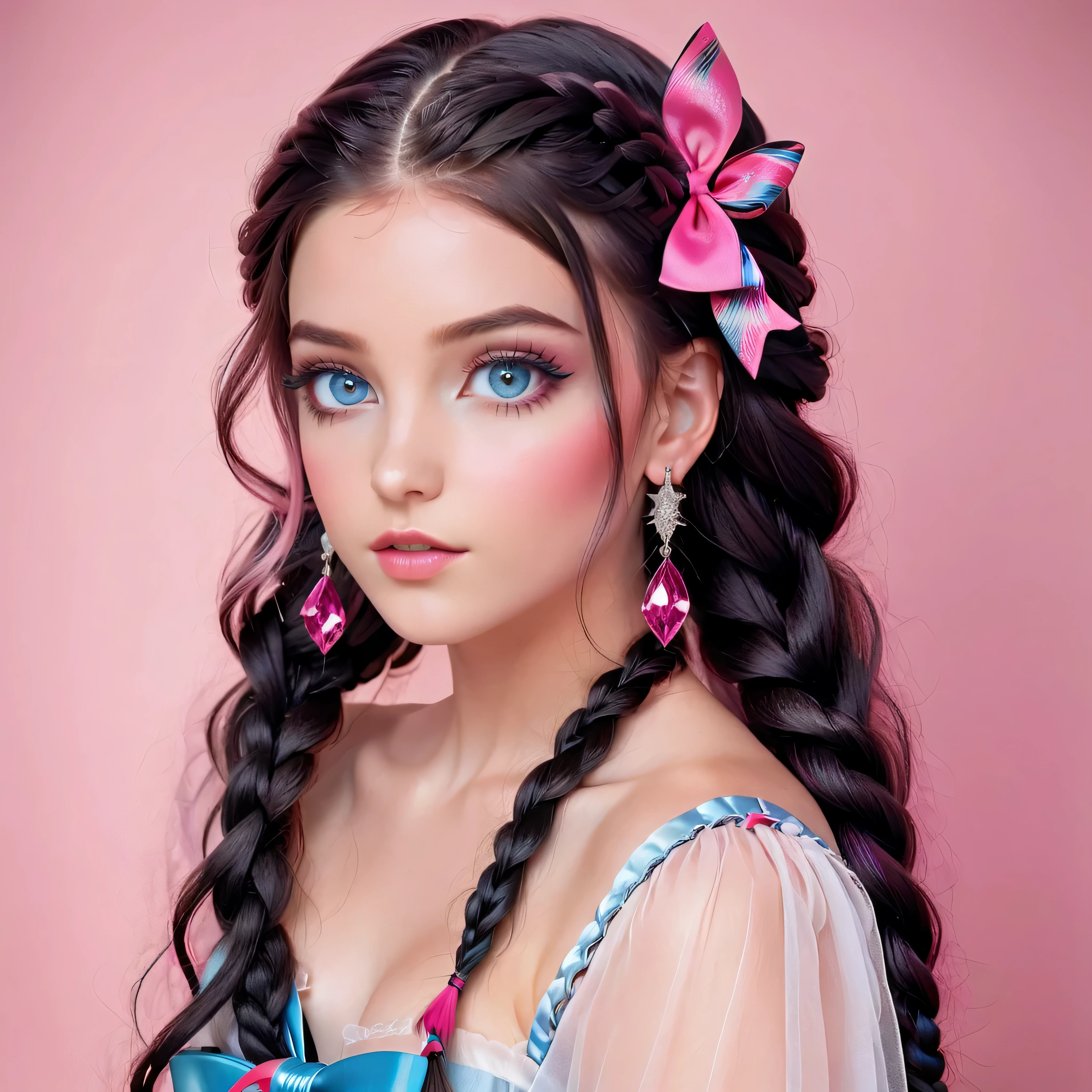 Create the image of a young girl with an ethereal look, look ilustrado. Her skin is smooth, marrom rico, e ela tem grande, olhos azuis expressivos. Her hair is styled in thick braids that are black with vibrant pink highlights... Um arco grande, Also Pink, enfeita o cabelo dela. Ela usa brincos de prata deslumbrantes