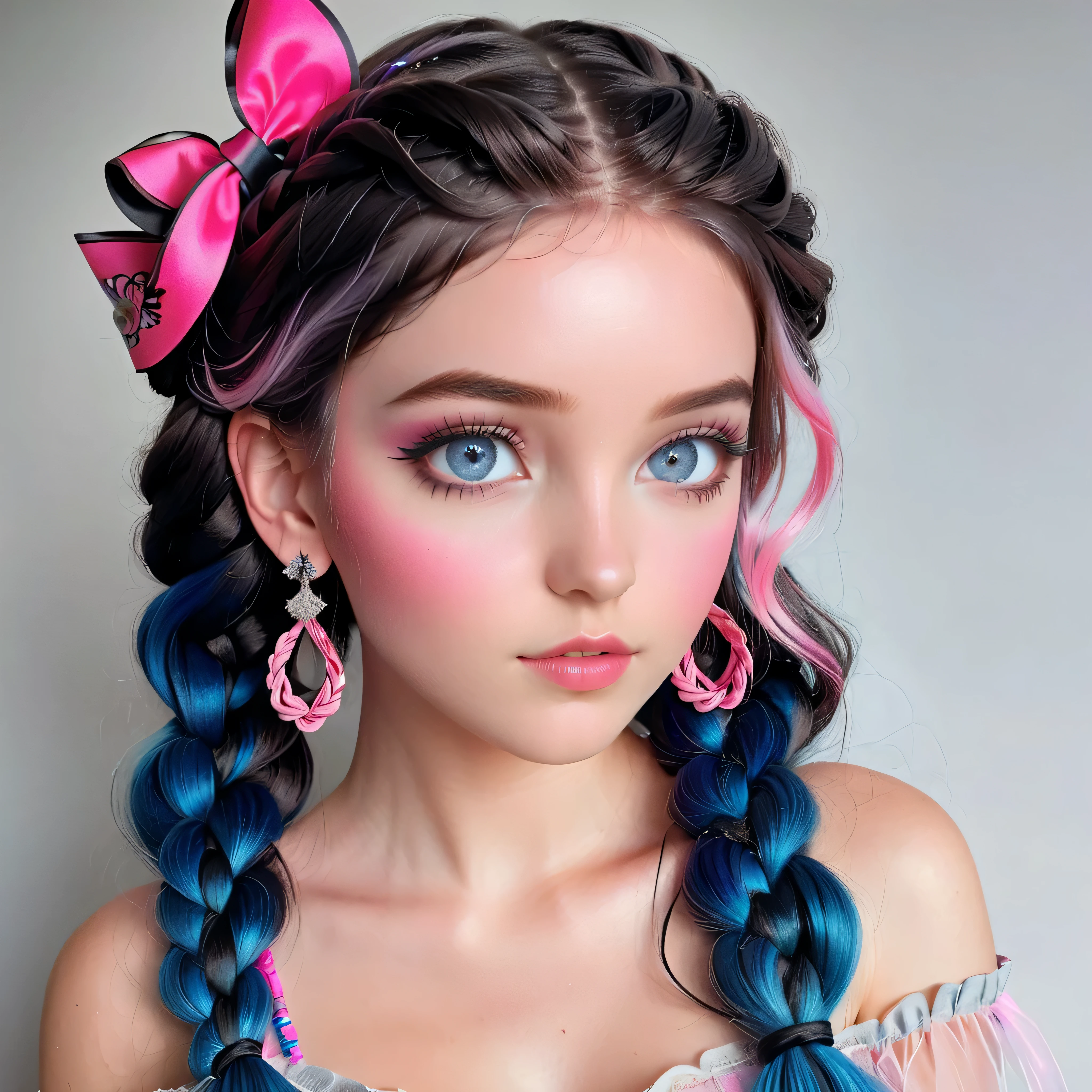 Create the image of a young girl with an ethereal look, look ilustrado. Her skin is smooth, marrom rico, e ela tem grande, olhos azuis expressivos. Her hair is styled in thick braids that are black with vibrant pink highlights... Um arco grande, Also Pink, enfeita o cabelo dela. Ela usa brincos de prata deslumbrantes
