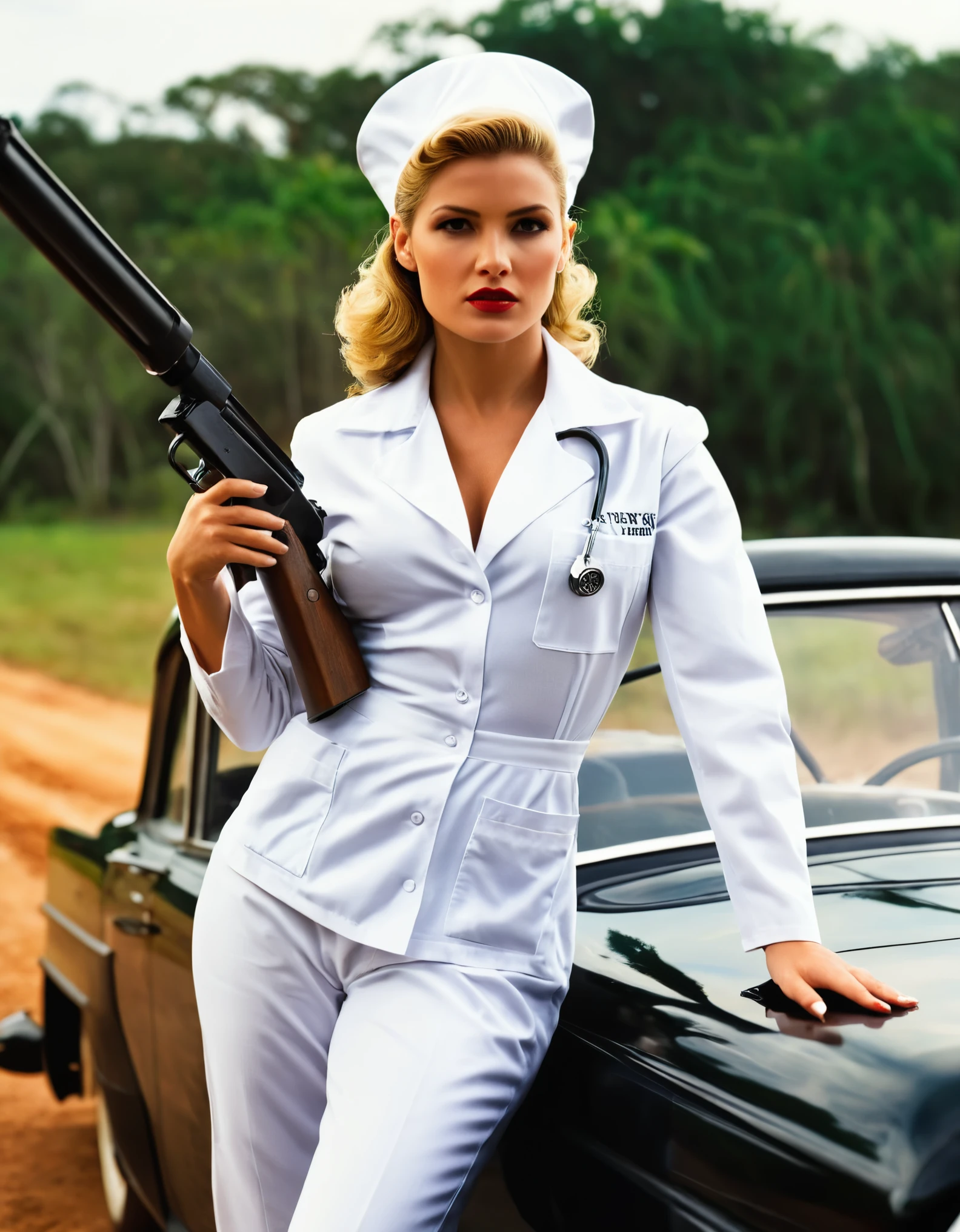 cinematic film still of  In the 1980's In Miami a woman in a white nurse uniform bodysuit holding a ww2 gun,1girl,solo,breasts,blonde hair,hat,weapon,blurry,gun,blood,ground vehicle,motor vehicle,handgun,realistic,nurse cap,nurse,riding,motorcycle,,cinematic,action-themed,violence,aim,aiming,pointing,Kodak,Film style,movie style,film grain,film contrast,action packed,serious,stunt, action cinema style,,cinematic,action-themed,violence,aim,aiming,pointing,Kodak,Film style,movie style,film grain,film contrast,action packed,serious,stunt,, shallow depth of field, vignette, highly detailed, high budget, bokeh, cinemascope, moody, epic, gorgeous, film grain, grainy (detailed high quality high saturation) vibrant colors