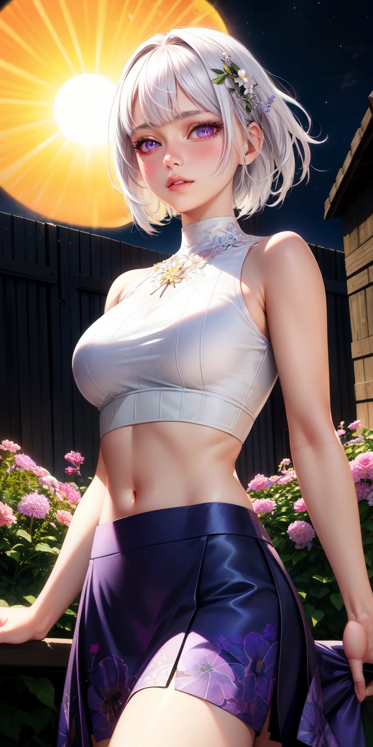 realistic, 1girl, white hair, purple eyes, glowing eyes, crop top, skirt, parted lips, blush, night, flowers, sun, sunlight,