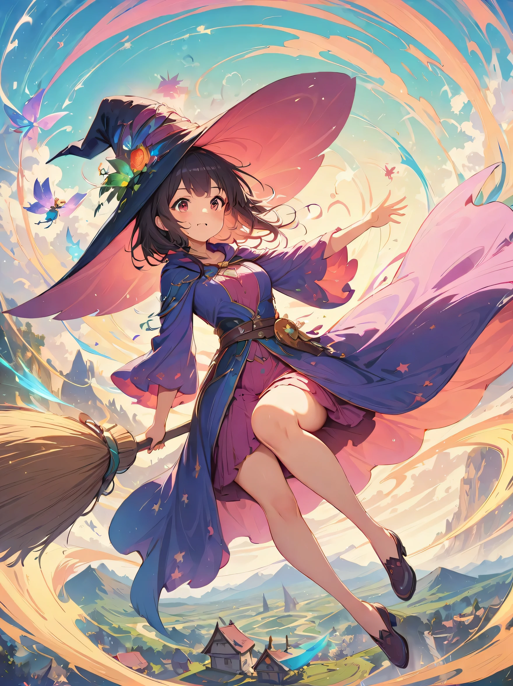 (masterpiece, highest quality:1.2),1 girl,perfect face,cute, ((((flying witch))),((Ride a broom)),broom flight,Straddling the broom,anatomically correct,masterpiece,highest quality,最高masterpiece,8K,,Wind,fantasy,,wonderful,, Mysterious, Charm, Whimsical, playful, adventurous, free, wonder, imagine, decide, skill, speed, movement, energy, realism, naturalistic, figurative, represent, beauty, fantasy culture, myth, fairy tale, folklore, Legend, witch, wizard, Magical creatures, fantasy worlds, composition, scale, Zenikichi, midway point, background, perspective, light, color, texture, become familiar with, beauty, wonder.