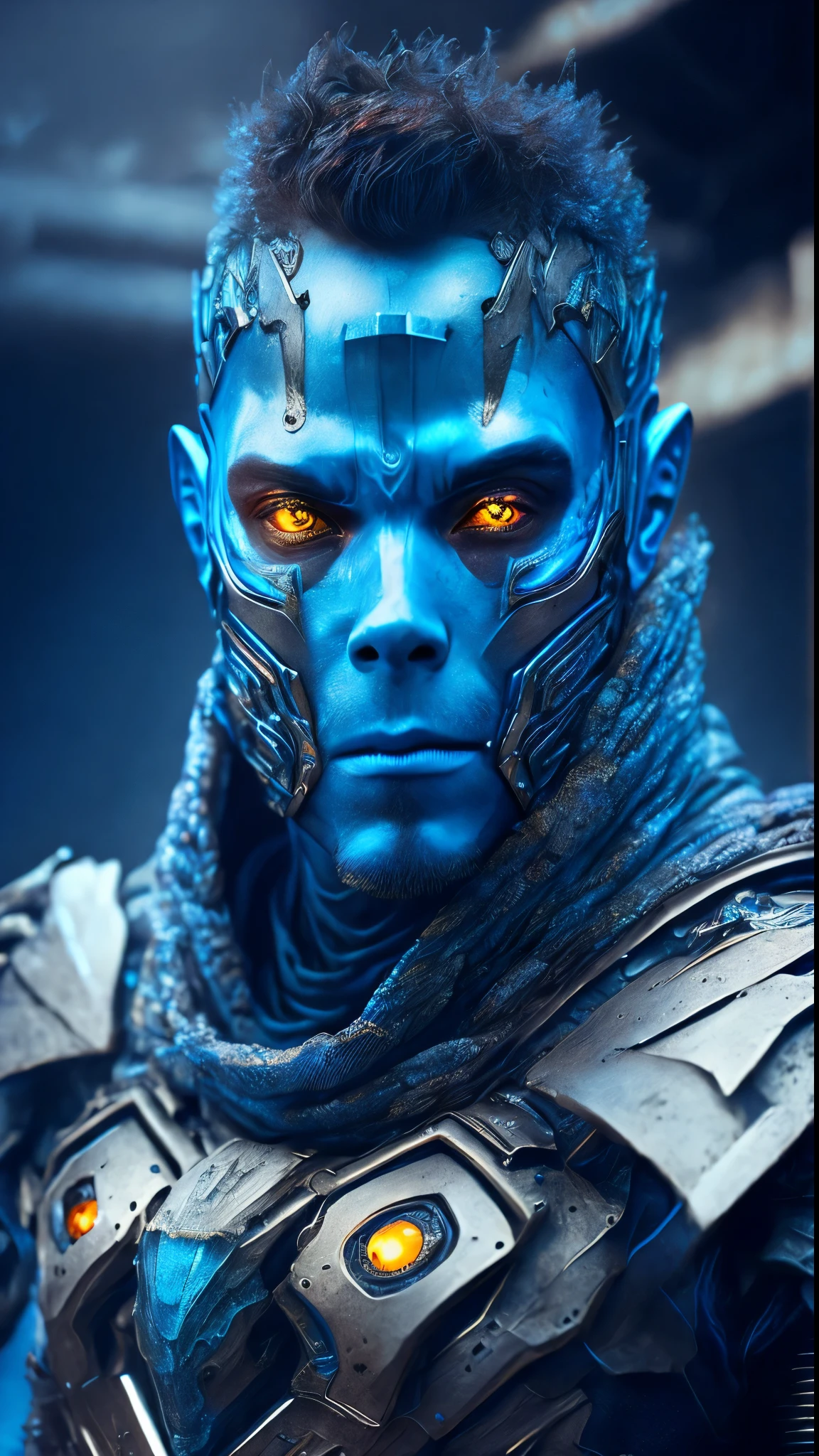 breathtaking cinematic science fiction photo of a portrait of a non human masked Grim wrapped in blue chrome metal skin, body full glowing metrics inside, glowing multicoloured eyes, multifaceted eyes, metallic arms, inside a destroyed building, extremely menacing creature, highly detailed, award-winning