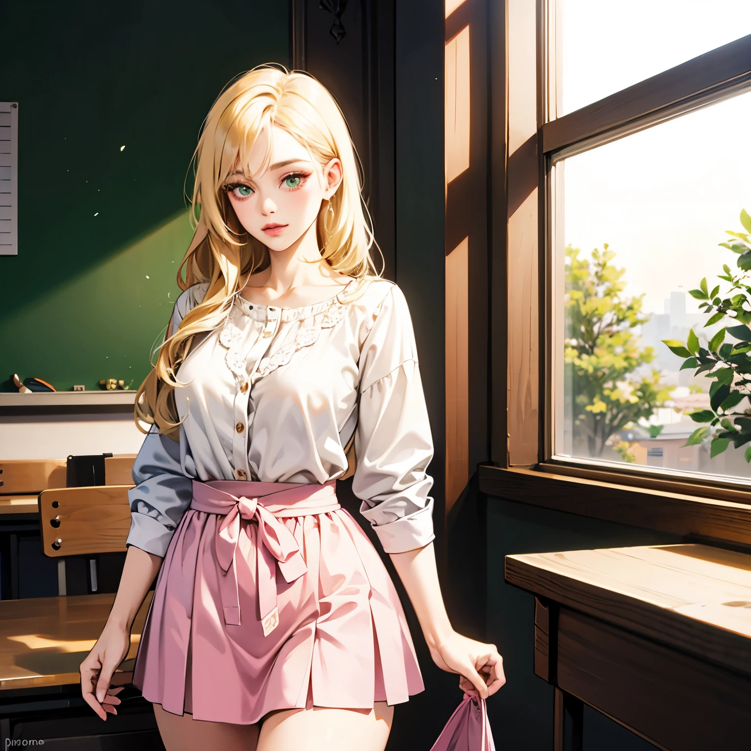Masterpiece, best quality, 16k resolution, NVIDIA RTX Ray Tracing technology, Create a 4K resolution, ultra-realistic, and extremely detailed artwork, award winning, retina, soft light, sharp focus.(hyper-realistic:1.4) , (full body:1.5), (((solo)))

film grain, MisaAmaneV2, 1girl, solo, hands behind back, ((small breasts)), (blonde hair, bright hair), ((hands behind back, T-shirt, simple T-shirt, short skirt, black-red skirt, thighhighs)), long hair, jewelry, two side up, brown eyes, choker, lipstick, makeup, gothic, smile, nail polish, garter straps, cross necklace, closed mouth, 

smooth perfect skin, smooth_skin

Beautiful、(red blush)、big breasts, 

(Full-body:1.5),

FULL BODY SHOT, ultra wide angle, textured skin, face detail, clean skin, perfect hands, perfect anatomy, anatomically correct,

 ((complex detailed background, bedroom background, bedroom environment, window, standing, posters, night light, 