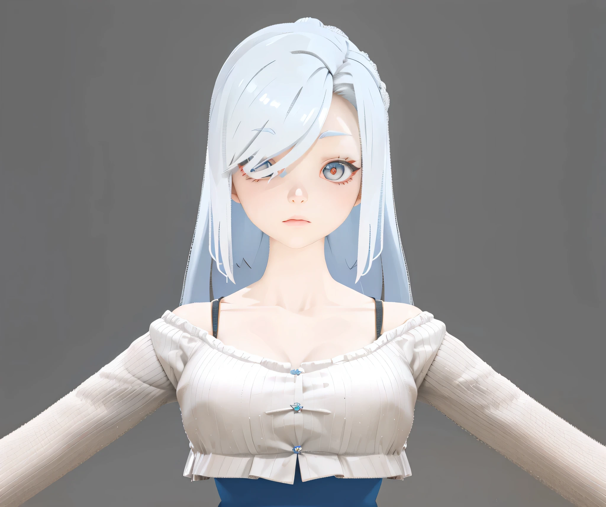 anime girl with white hair and blue dress posing for a picture, anime styled 3d, anime stylized, stylized anime, silver hair (ponytail), flat anime style shading, anime vtuber full body model, render of a cute 3d anime girl, semi realistic anime, 3d anime girl, anime highly detailed, tifa lockhart with white hair