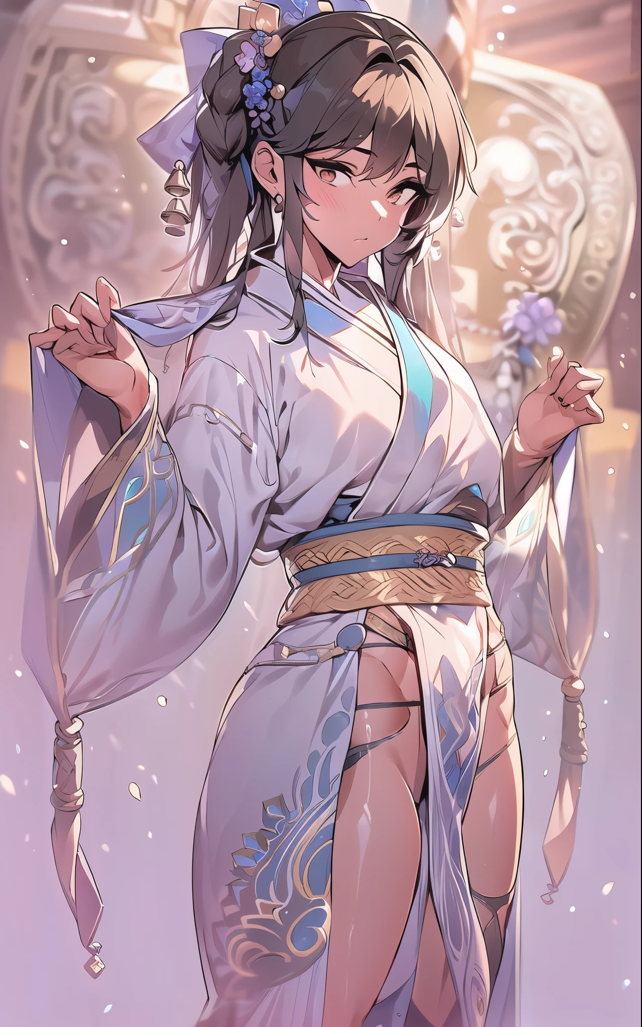 8k, masterpiece, highest quality, best quality, official art, beautiful and aesthetic, extremely detailed, (fractal art: 1.3), colorful, highest detailed, perfect face, upper body, HDR, sexy, wide hips, thicc figure, Detailed face, Detailed eyes, brown eyes, perfect face, perfect eyes, ( tall femboy, he has a big ass, slim waist, pretty face, long brown hair, sharp jawline, he wears traditional Japanese shrine maiden attire, he is sexy, he is beautiful, he has black eyeliner, he has makeup, he has a girly face, he is tanned, he has small , he is shy, he wears blush, he has a hydro vision, he has a small penis, small dick, genitalia outline, detailed genitalia outline, hips wider than shoulders, slim torso, black lipstic, e-girl makeup, blushing, sweaty, orgasm face, pretty, sharp jawline, brown eyes, cute, thigh high socks)