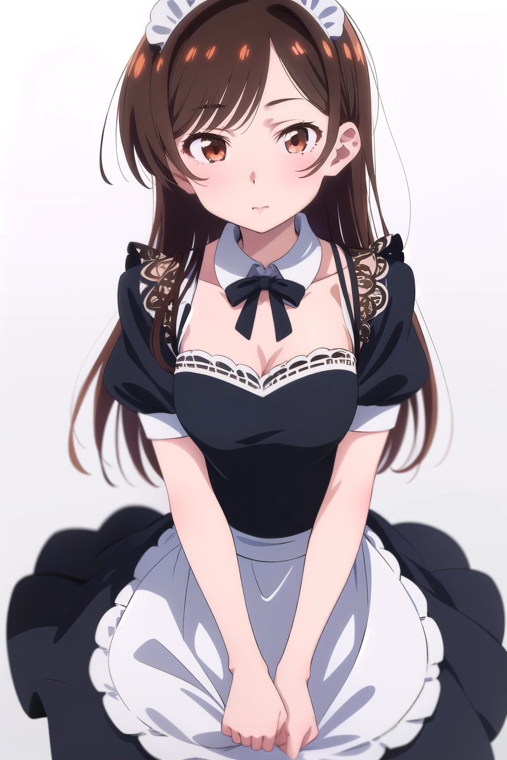 (1 girl), (brown eyes), (Intricate iris detailing), (front), (girl dressed as a maid), (Lower your eyes), (Chizuru Mizuhara), (White background)