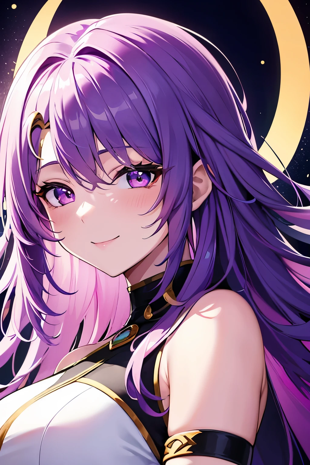 best quality, super fine, 16k, incredibly absurdres, extremely detailed, bust-up portrait of a cute woman looking at you and smiling shyly, happy, white glossy messy wavy hair, crescent-moon-shaped purple eyes, beautiful iridescent pastel and vivid colors background