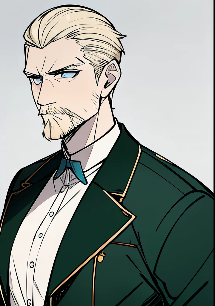 Young Adult male, white and tender skin, pale blonde slicked back combed short hair, kaisermustache, ducktail beard, steel blue eyes, green and slightly mature, serious and emotionless facial expression,wearing world war 2 era german fatigues, portrait style, facing forwards