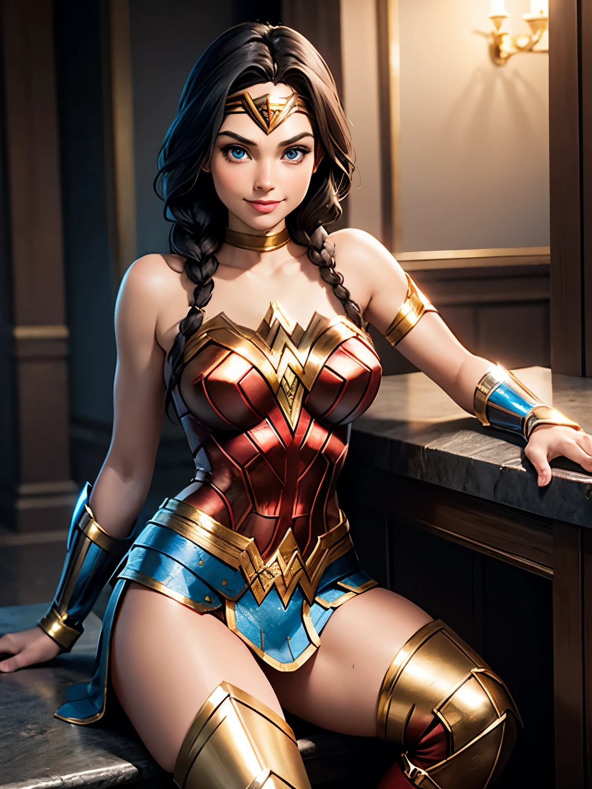 wonder woman,3d,black hair,blue eyes,boots,braid,brown skin,exposed breasts,gauntlets,gold (metal),looking at viewer,sitting,smile,tiara