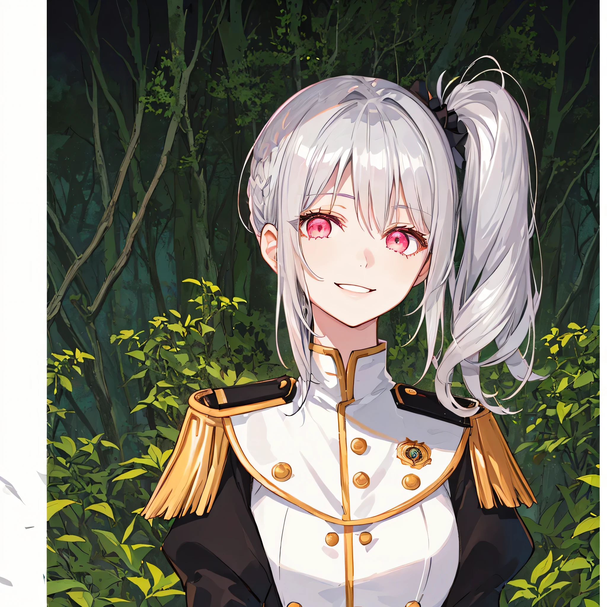 [(forest background:1.4)::5],original,(shape:1.1),(highest quality),(table top:1.1),(Highly detailed CG Unity 8K wallpaper:1.1), (colorful:0.9),(mid shot:0.95),((Dense and beautiful face and body)),(alone:1.2), (girl), (detailed beautiful eyes:1.15), (beautiful face:1.15), (shining pink eyes:1.25////),((Silver medium hair)),((side ponytail)),(+perfect hands+:1.21),(Draw an illustration of the Black Knight),(religious),(thin),(silver hair),Are standing,(wearing military uniform),((black stockings)),(((Forest Street))),From the side,evil smile,Upper body,
