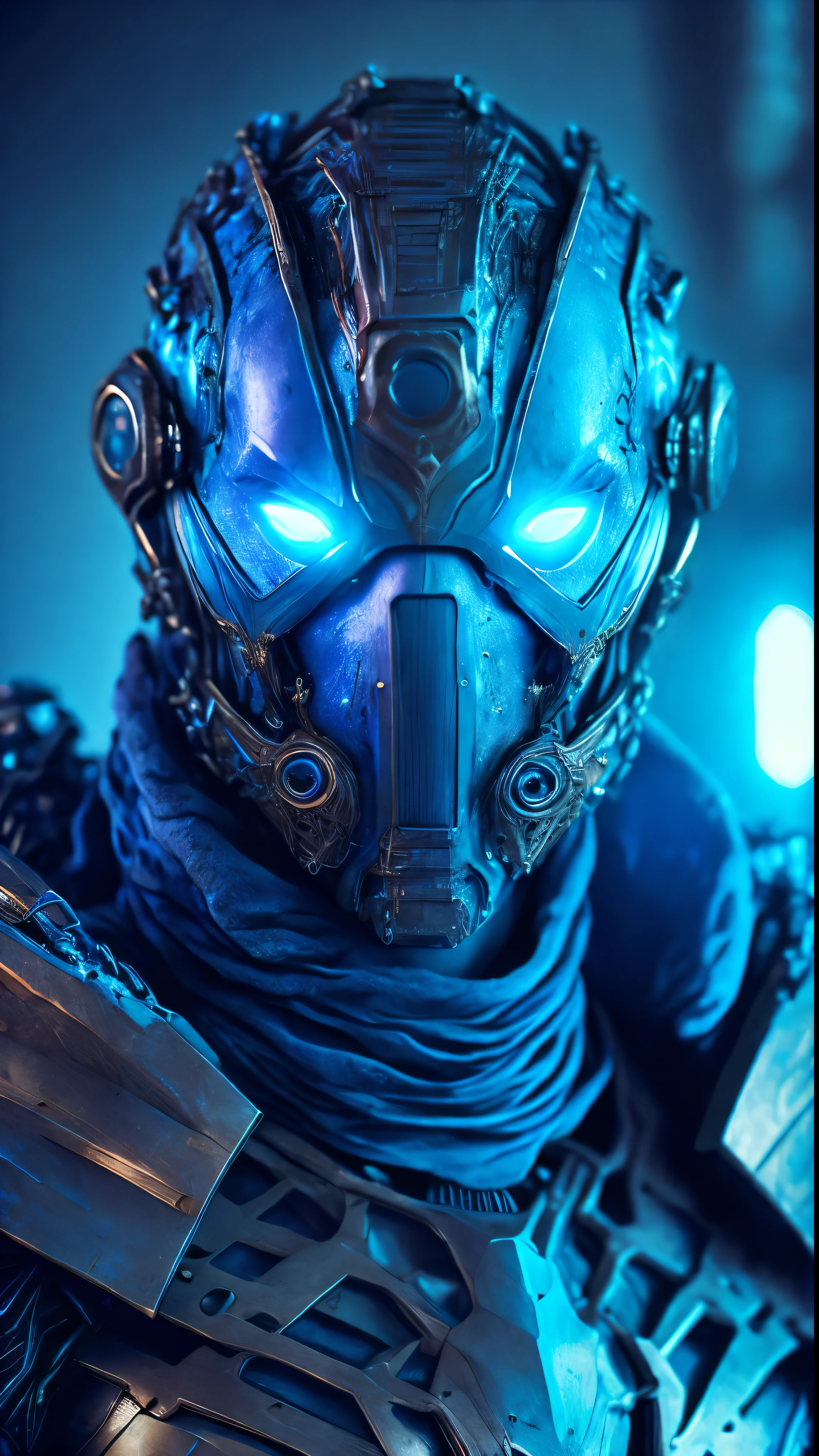 breathtaking cinematic science fiction photo of a portrait of a non human masked Grim wrapped in blue chrome metal skin, body full glowing metrics inside, glowing multicoloured eyes, multifaceted eyes, metallic arms, inside a destroyed building, extremely menacing creature, highly detailed, award-winning