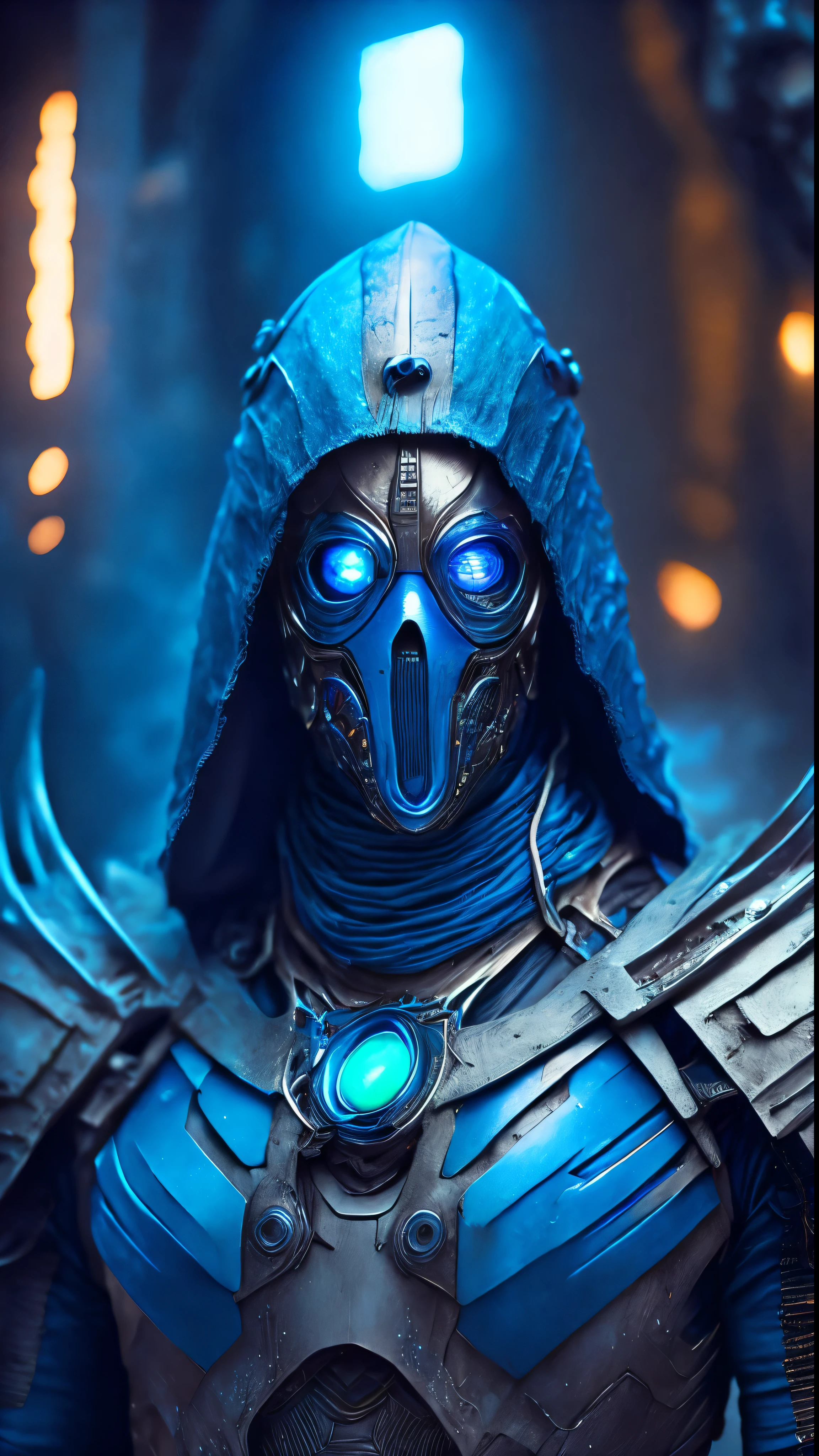 breathtaking cinematic science fiction photo of a portrait of a non human masked Grim wrapped in blue chrome metal skin, body full glowing metrics inside, glowing multicoloured eyes, multifaceted eyes, metallic arms, inside a destroyed building, extremely menacing creature, highly detailed, award-winning