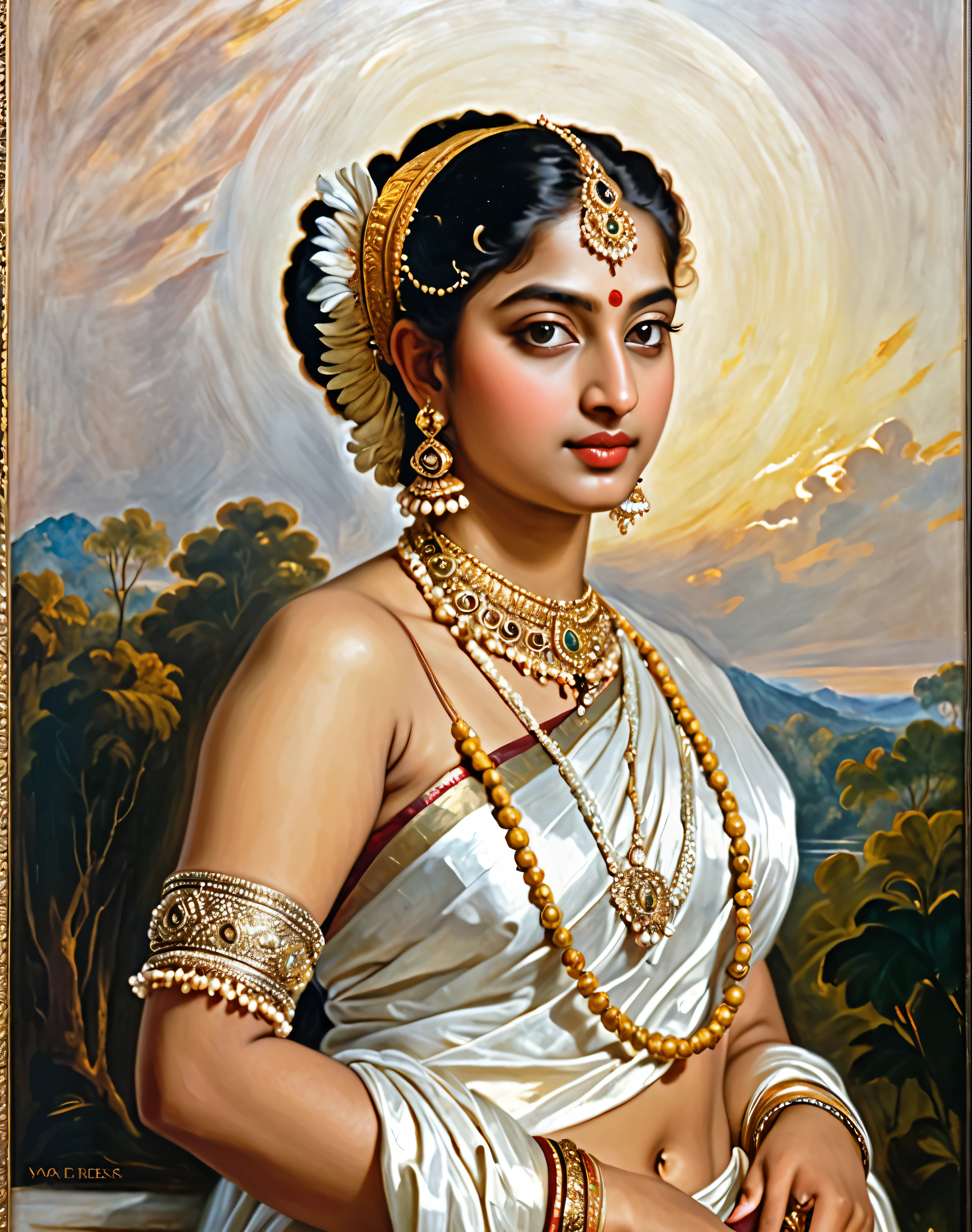 Beautiful Indian Woman, wearing saree, sari Beauty, gorgeous, Apsara, Maharani, royal queen woman, nymph from Hindu Mythology, Urvashi, matchless beauty, Highly detailed, Oil Painting by Peter Paul Rubens inspired by Raja Ravi Varma, Matchless beauty, captivating, gorgeous, heavenly beauty, celestial beauty, by Peter Paul Rubens, 13, realistic, hyper realistic, micro details, incredible artwork, insane details, ultra High resolution, 8k, 32k, acrylic on canvas, intricate, flawless, detailed, detailed face, detailed eyes, masterpiece, by Peter Paul Rubens, by Caravaggio, by William Adolphe bouguereau, perfect face, perfect body, beautiful art, realism, baroque, renaissance Art, highly textured, beautiful and detailed eyes, uhd, best quality,