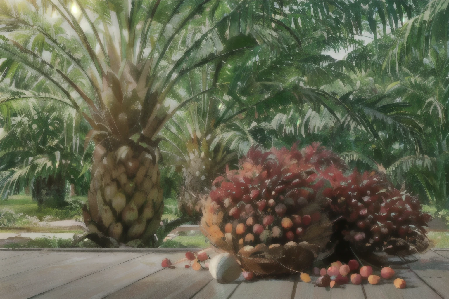 a close up of a bunch of palm oil fruits on a wooden table, date palm trees, the palms come from the ground, date trees, tree palms in background, exotic trees, malaysian, palm trees in the background, sumatraism, palm skin, palmtrees, malaysia jungle, dried palmtrees, tropical palms, palms, in a jungle environment, coconut palms