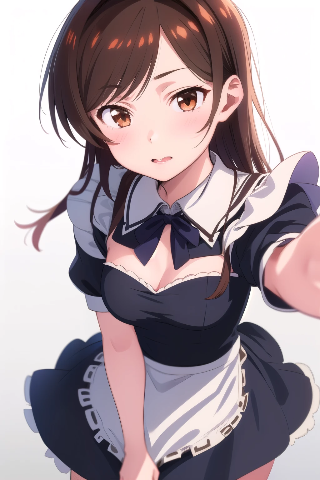 (1 girl), (brown eyes), (Intricate iris detailing), (front), (girl dressed as a maid), (Lower your eyes), (Chizuru Mizuhara), (White background)