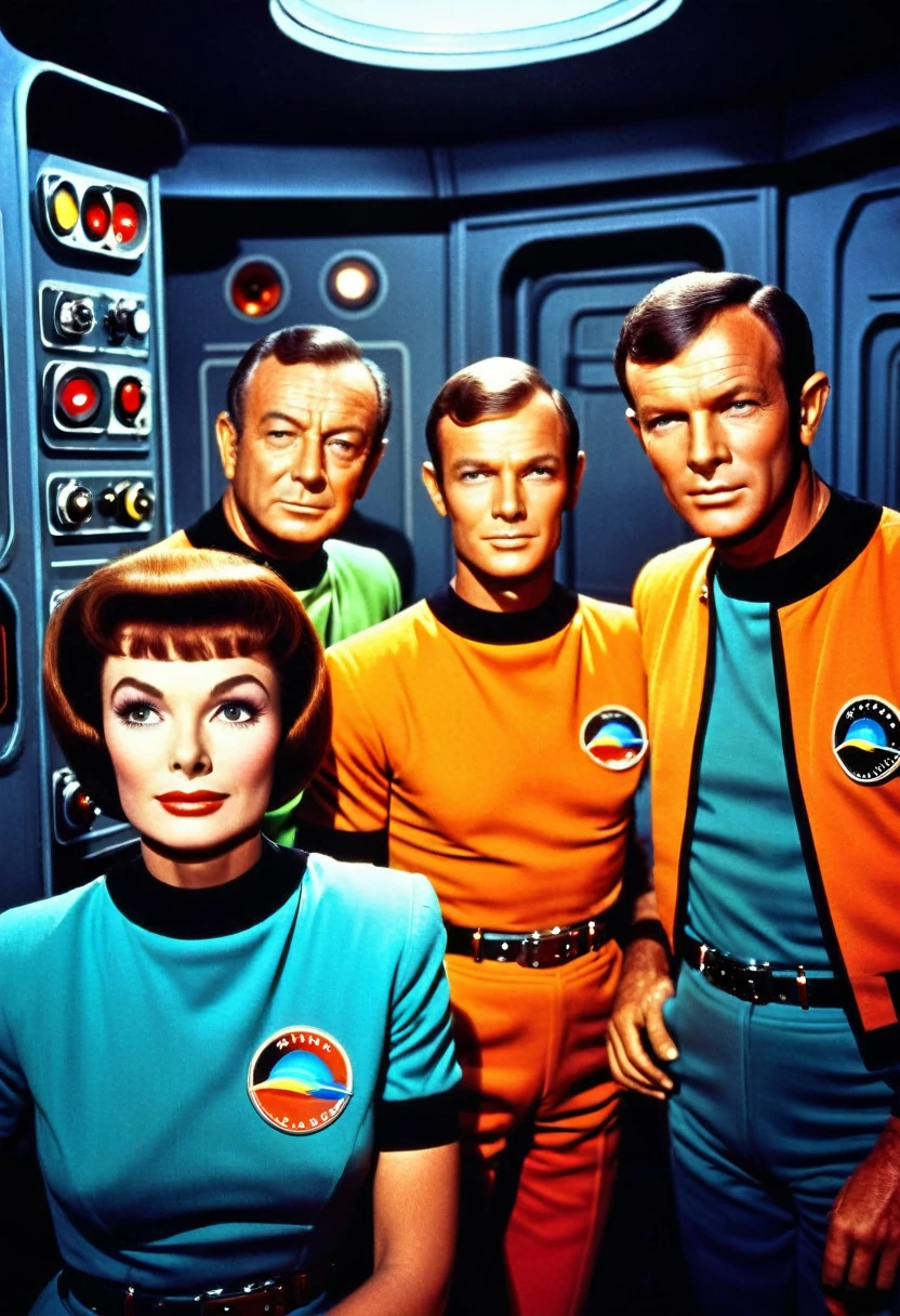 (((INNER IMAGE of a spaceship))) Internal image of an old starship from a 1960s TV series, Lost in Space, Republic series, Irwin Allen TV Show, science fiction, Star style colorful uniforms Trek and Lost in Space, retro look, Vintage, old style, PERFECT FACES like actors from the 1960s, (((full body character framing))), ((PERFECT FACES)), large, very colorful internal set, ((PERFECT FACES)), crew, enhanced faces, alien, robot, Science Fiction, TV studio lighting, old style image, TV series style, (((inside doors))), (((insert a robot))), ((((ROBOT)))