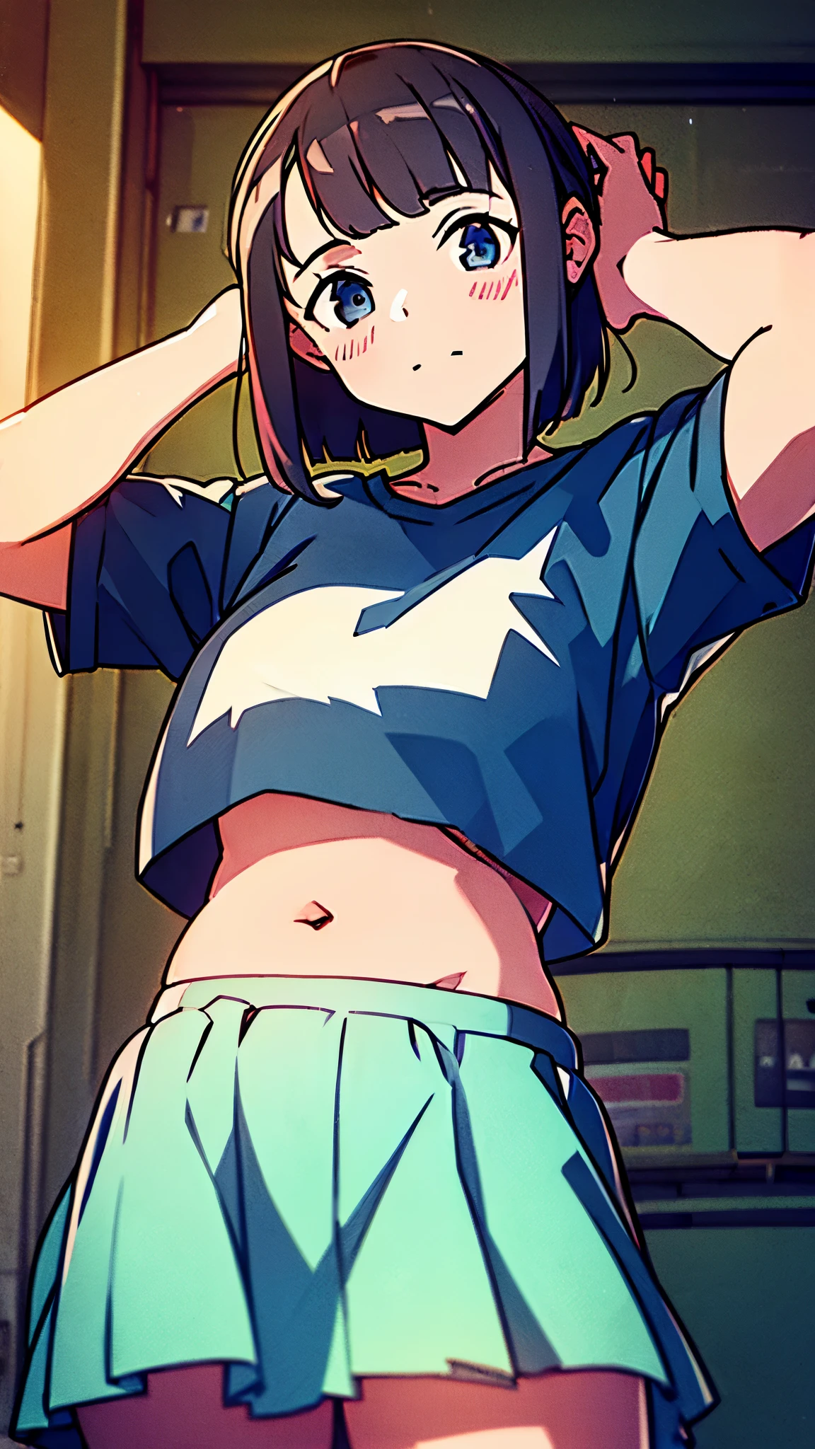 a close up of a person wearing a basketball uniform, a picture, inspired by Kentaro Miura, trending on pixiv, Yor Forger, Spy x Family, wearing yellow nba jersey, yellow croptop nba jersey, wearing a low cut croptop, wearing croptop, croptop, the words "Lakers" written on the croptop, golden raito, (winking), shirobako, large)}], favorite scene, fine details. anime. skins, sweating, big breasts, both hands raised, armpits, armpits visible, dripping with sweat, more more sweat, sweaty armpits