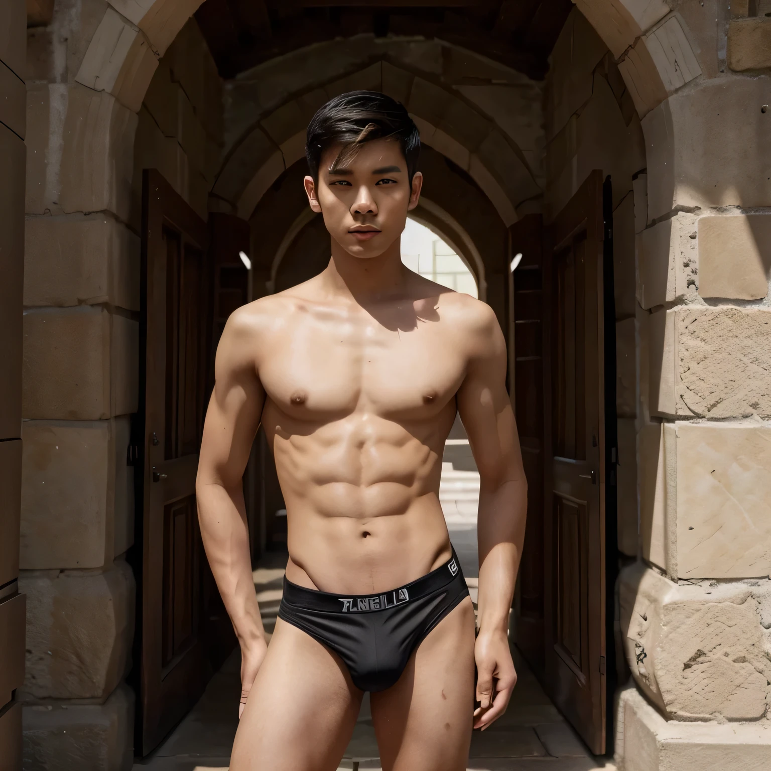 1boy,asian young man,3 days beard,skinny,twink,normal body,man wearing rubber underwear , fullbody , full height, castle , cover shot, instagram model