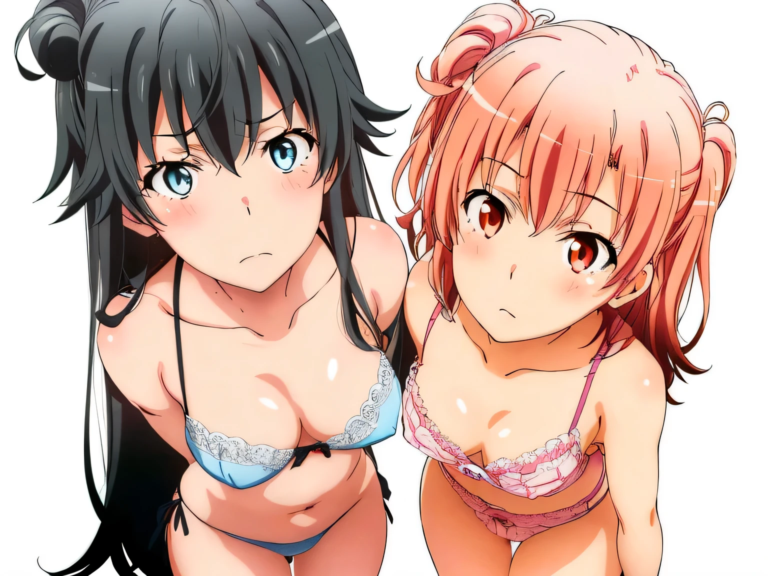 ((2 girls ), ((yuigahama yui is bust and ヒップライン are great)),((Yukinoshita Yukino)),,In underwear,leaning forward,body facing forward,they have their hands behind their backs,(Bra with bulge line),Shiny bra,belly buttonight yellow lace panties:1.k panties:1.0),Ribbanties,pussy line,(thighigh ang0)),(beautiful eyes),look at the camera,blush,troubled face,Insert your head