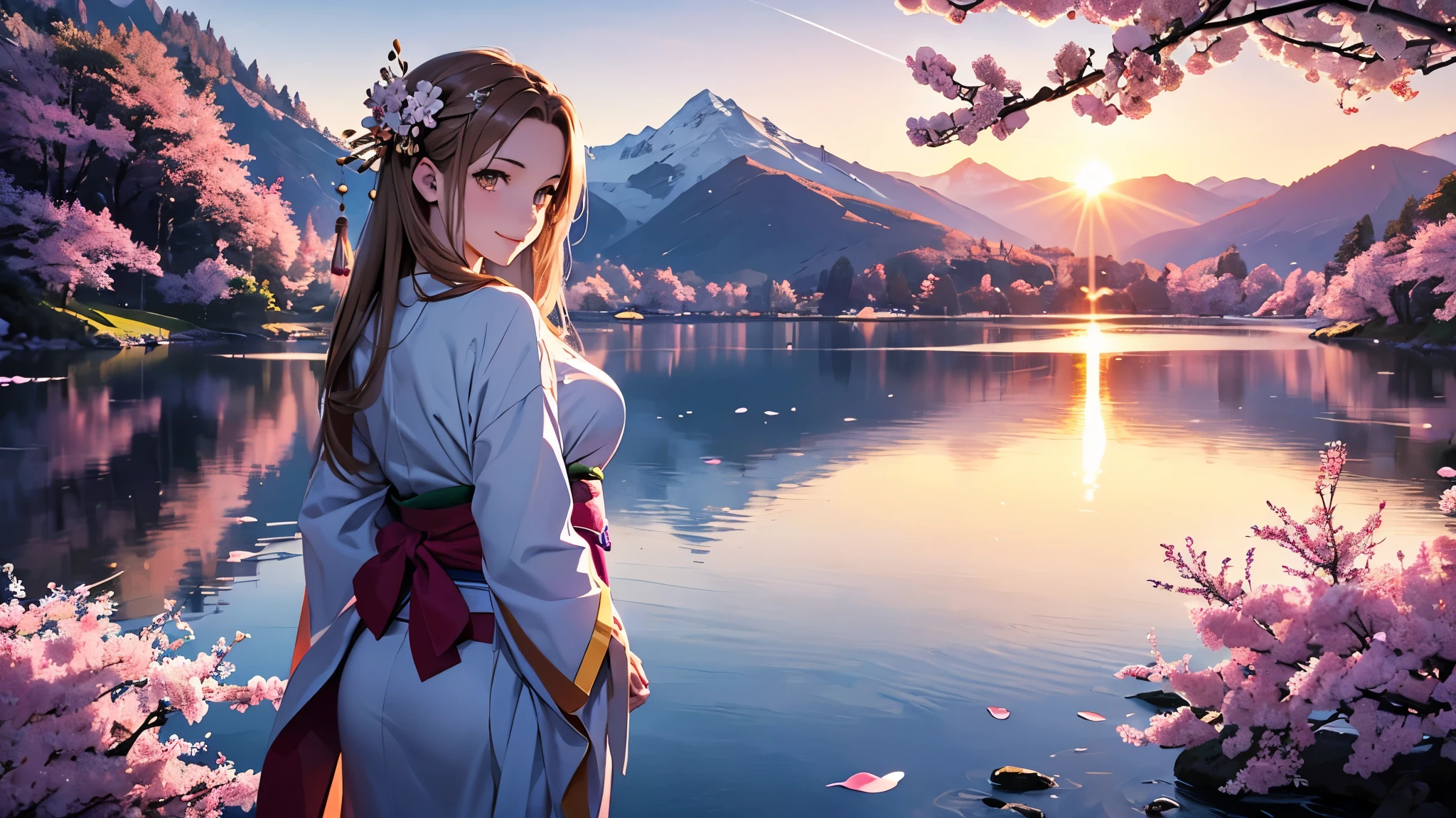 Asuna, masterpiece, best quality, detailed, (1 girl), alone, detailed golden eyes, long hair, permanent, Be close to the audience, (detailed kimono), Happy smile, Sexy figure, Plump breasts,  (Put your arms behind your back), water, Sunset, (hair accessories), (cherry blossoms in bloom),  Snowy mountains and lake in the background