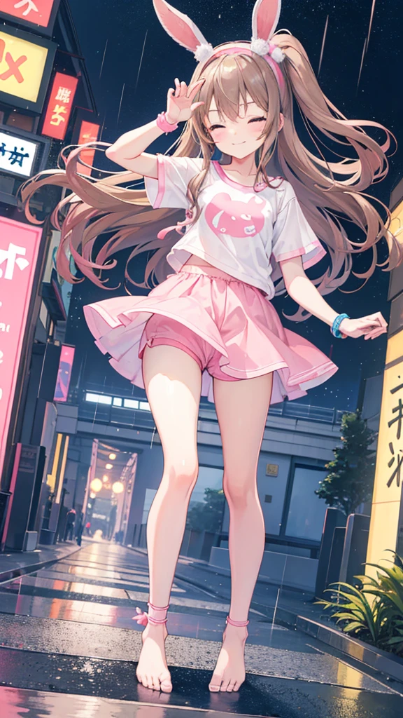 a cute 7 christian girl named Bella, long wavy hair, night time, light brown hair, well lit bustling city in Japan, joyful, slight smile, eyes closed, running , white/pink short sleeved tshirt, tight fitting pink shorts, wristbands, barefoot, running, winking, slight rain, hand details, feet details, wearing no shoes, very skinny, cute blue eyes, winking, pink hairband with pink bunny ears, freckles, anklebands