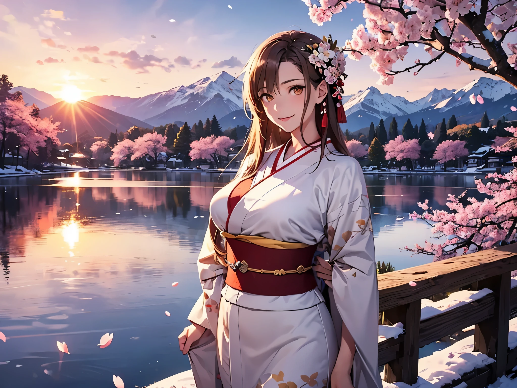 Asuna, masterpiece, best quality, detailed, (1 girl), alone, detailed golden eyes, long hair, permanent, Be close to the audience, (detailed kimono), Happy smile, Sexy figure, Plump breasts,  (Put your arms behind your back), water, Sunset, (hair accessories), (cherry blossoms in bloom),  Snowy mountains and lake in the background
