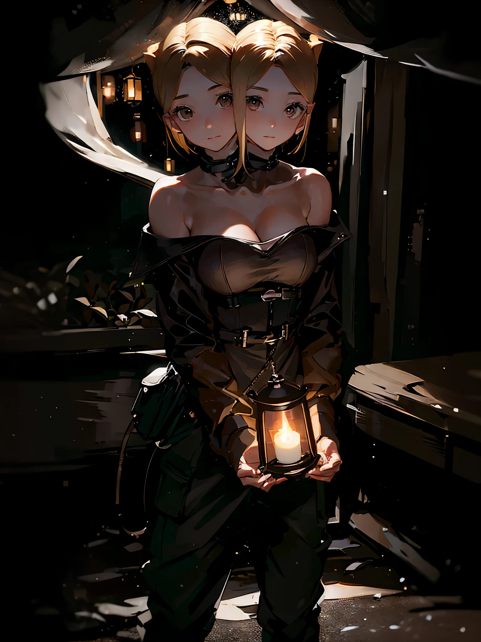 (2heads:1.5), 1girl, explorer, short blond hair, brown eyes, holding a hand lantern, brown jacket, black hiking pants, inside a dark cave, looking around
