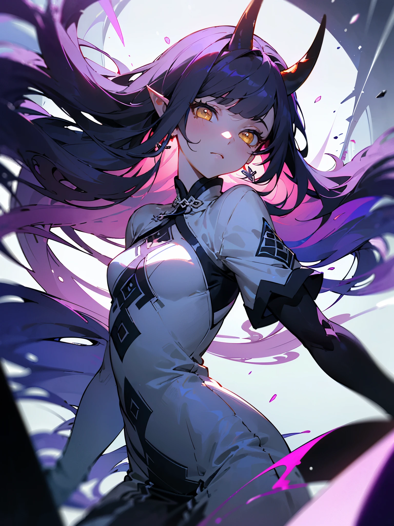 masterpiece, high quality, high resolution, 16K, super detailed background, Makoto Shinkai illustration, ultra realistic, digital painting, dark fantasy, one ite girl, , fox ears, black and purple hair, bright purple eyes, narrow vertical pupils, glowing eyes, fox ears and tail, 9 tails, black ninja costume, purple neon, long eyelashes, beautiful skin, super detailed skin, thin legs, fair skin, small breasts, shadowy pattern on skin,