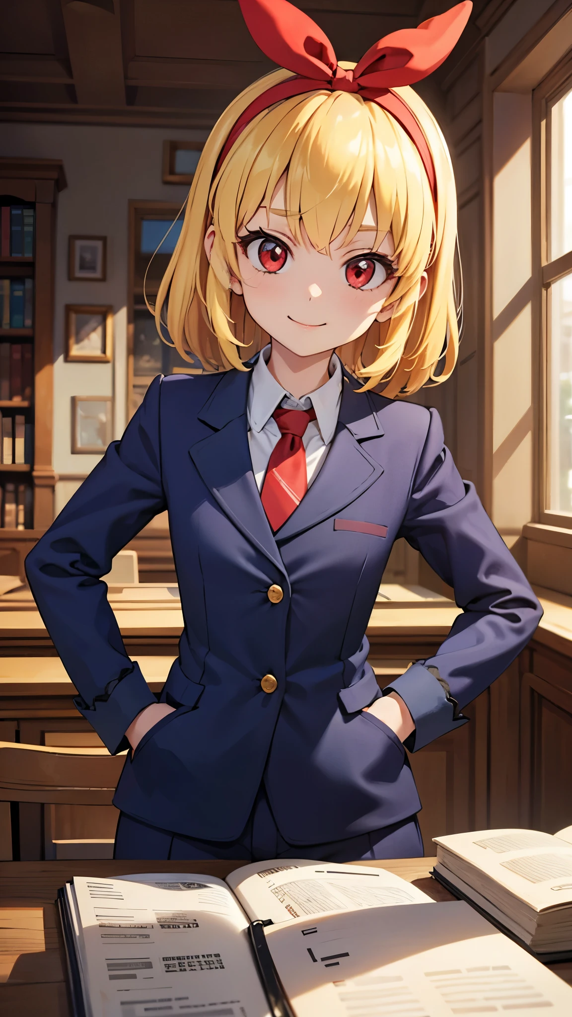 masterpiece, best quality, absurdres,
BREAK,
1 woman, RED eyes, solo, mediu_breasts,
{clear face,Ultra_Smile,HAPPY},
library:1.5, black slacks, black suits vest:1.5,
shiny blonde hair with straight collar,
(RED Ribbon on HAIRband:1.2),BREAK,
white collared shirt, sleeves rolled up:1.5,
BREAK,
red necktie,
{walking|sitting on chair|standing|squatting|hand in pocket|reclining|leaning forward|bent over| hand on own chin| facepalm| breast hold| crossed arms| hands on hips| interlocked fingers| hand on own cheek| head tilt| adjusting necktie| shushing},
{looking at viewer| looking away| looking back},
{ upper body| cowboy shot| feet out of frame |far from viewer | very close to viewers| wide shot}, {dynamic angle|dramatic angle|low angle|cinematic shot|from up side|intense angle|from side|from above| from below|upper body, cowboy shot,