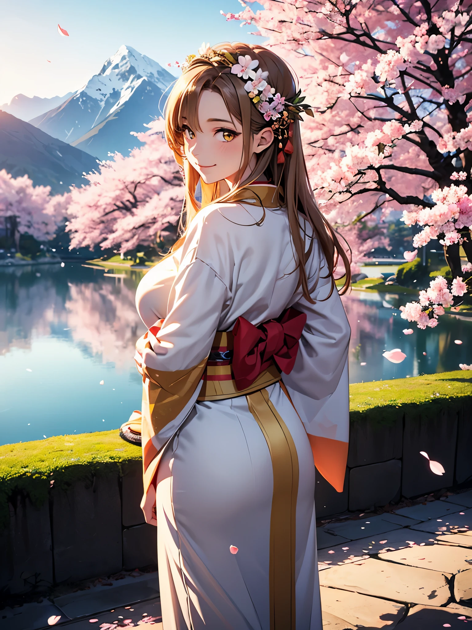 Asuna, masterpiece, best quality, detailed, (1 girl), alone, detailed golden eyes, long hair, permanent, Be close to the audience, (detailed kimono), Happy smile, Sexy figure, Plump breasts,  (Put your arms behind your back), water, Sunset, (hair accessories), (cherry blossoms in bloom),  Snowy mountains and lake in the background