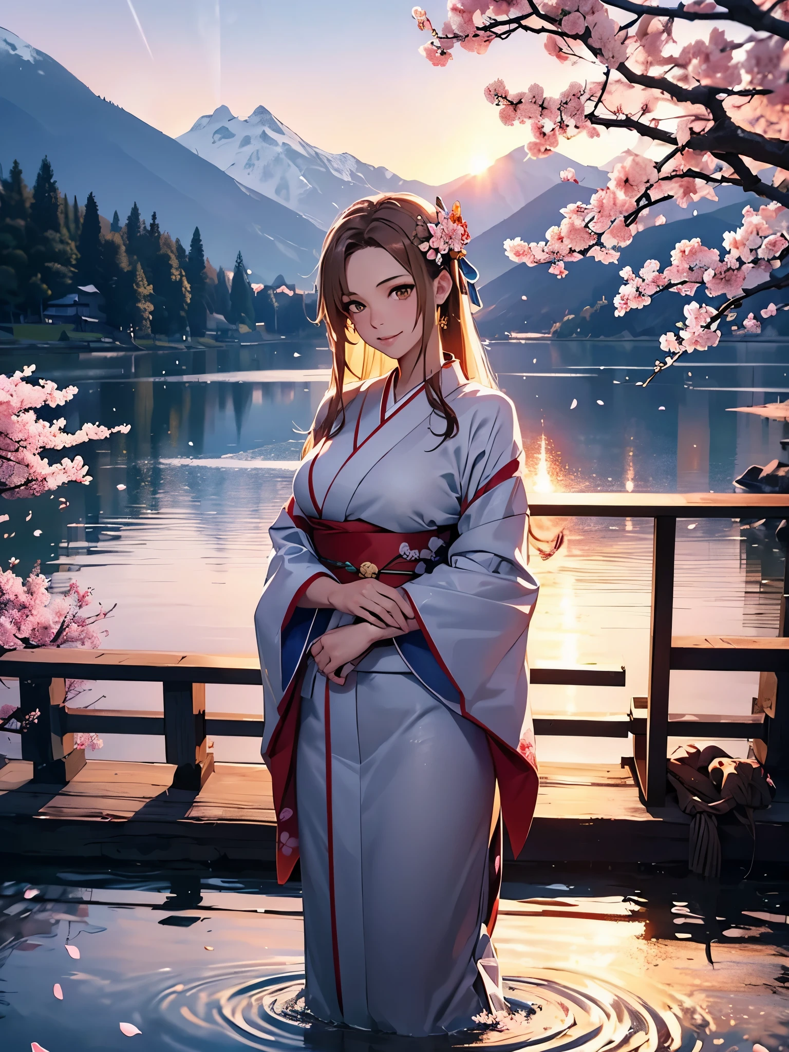 Asuna, masterpiece, best quality, detailed, (1 girl), alone, detailed golden eyes, long hair, permanent, Be close to the audience, (detailed kimono), Happy smile, Sexy figure, Plump breasts,  (Put your arms behind your back), water, Sunset, (hair accessories), (cherry blossoms in bloom),  Snowy mountains and lake in the background