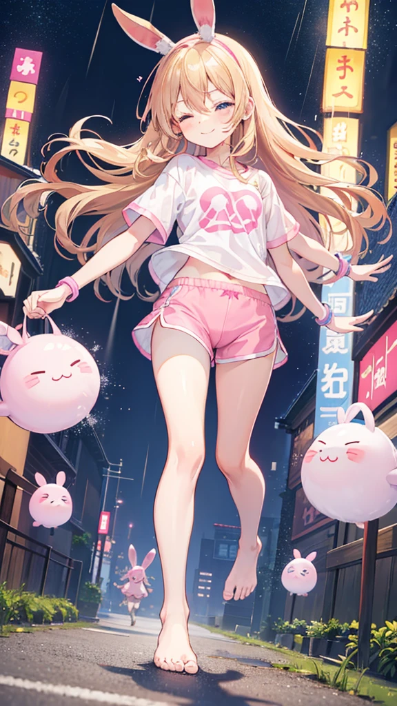 a cute 7 year old christian girl named Bella, long wavy hair, night time, blonde brown hair, well lit bustling city in Japan, joyful, slight smile, eyes closed, running , white/pink short sleeved tshirt, tight fitting pink shorts, wristbands, barefoot, running, winking, slight rain, hand details, feet details, wearing no shoes, very skinny, cute blue eyes, winking, pink hairband with pink bunny ears, freckles, anklebands, 5 fingers