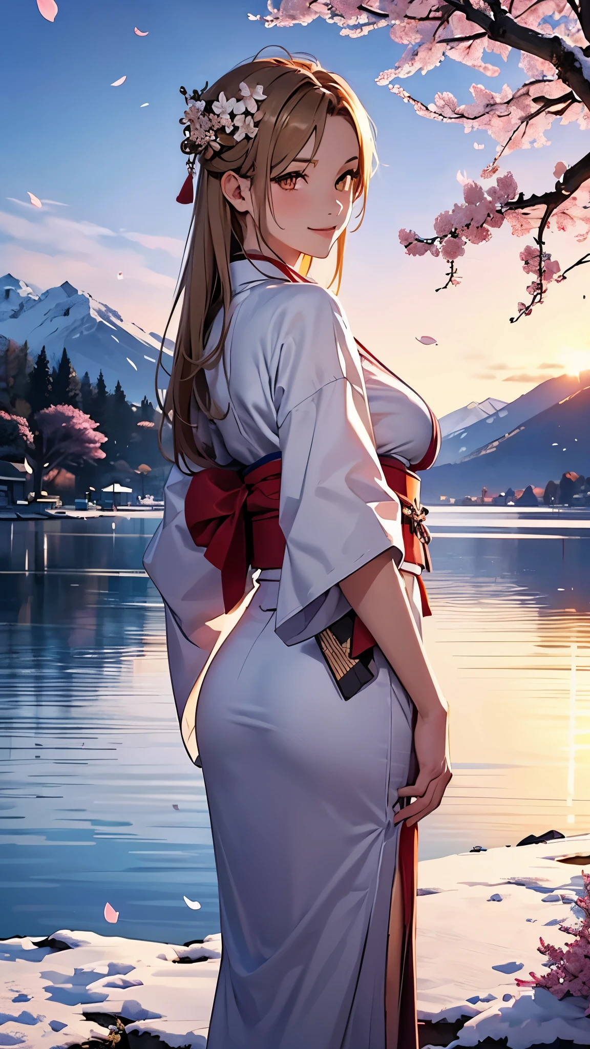 Asuna, masterpiece, best quality, detailed, (1 girl), alone, detailed golden eyes, long hair, permanent, Be close to the audience, (detailed kimono), Happy smile, Sexy figure, Plump breasts,  (Put your arms behind your back), water, Sunset, (hair accessories), (cherry blossoms in bloom),  Snowy mountains and lake in the background