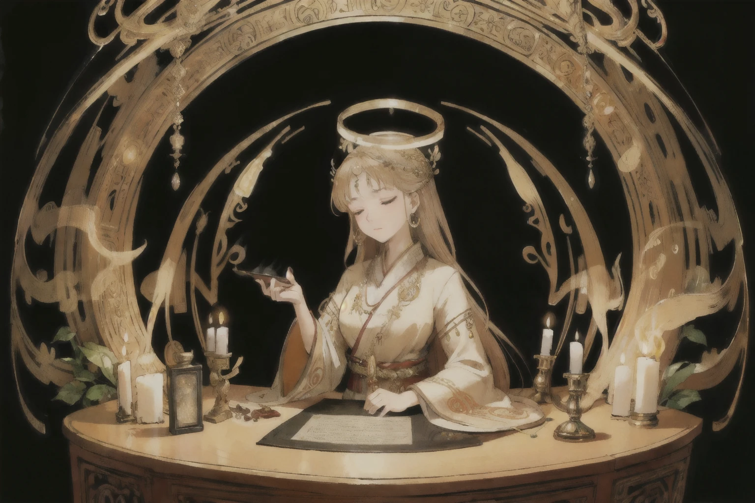 beautiful detailed eyes, elegant traditional costume, ancient scroll, table full of potions and ingredients, mysterious golden light, ornate decorations, surreal atmosphere, flickering candlelight, halo of knowledge, swirling smoke, ancient symbols, intricate patterns, magical aura, enchanting music, secrets of the universe, deep concentration, ethereal beauty, serene and tranquil expression, harmonious balance, intense focus and determination, timeless wisdom, ancient and mystical setting.