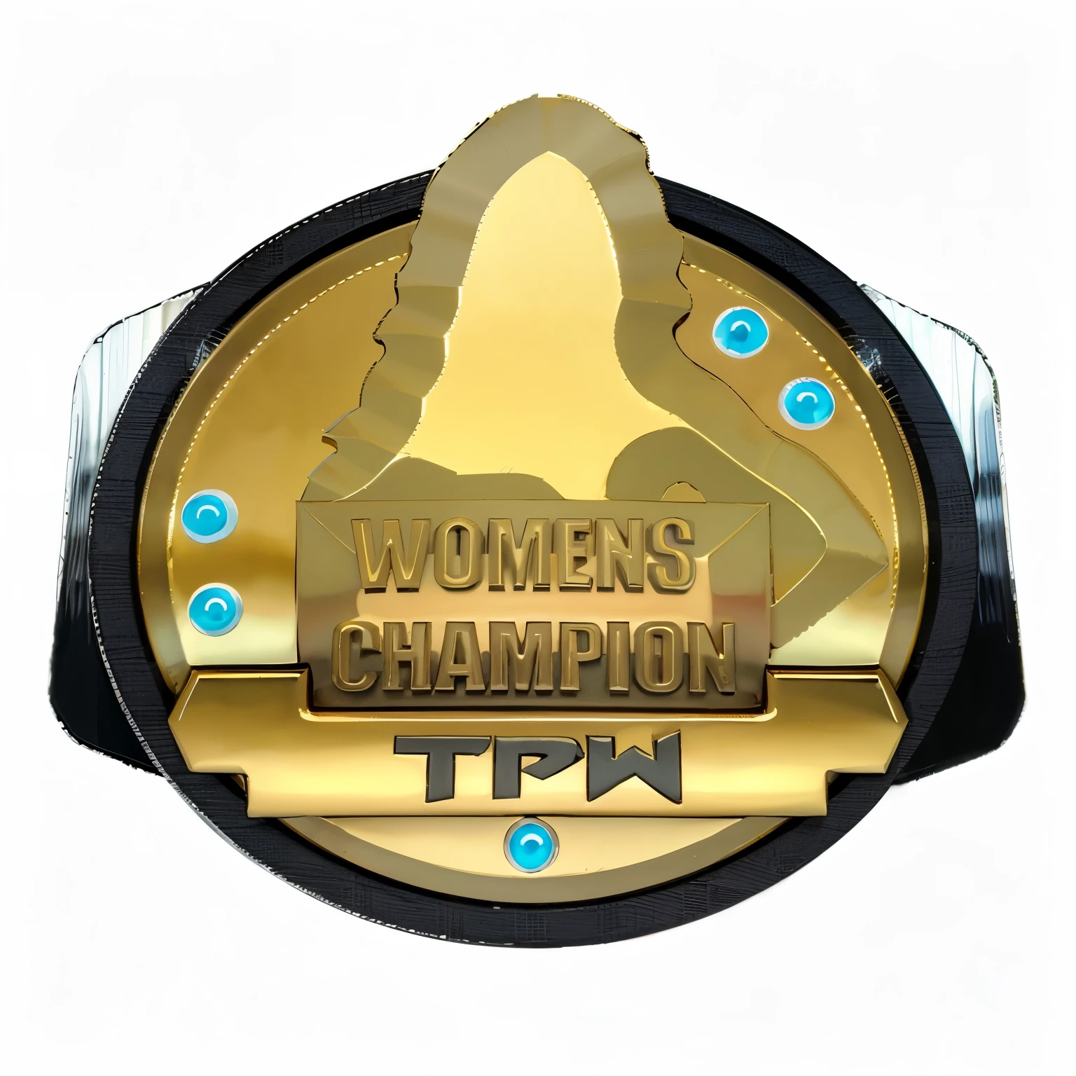 ultra real a close up of a realistic gold metallic pro wrestling title face plate, realistic, 2k, 2 k, shield design, titan, medallion, realistic gold metal "tpw womens champion", full view, professional unique master piece, top view
